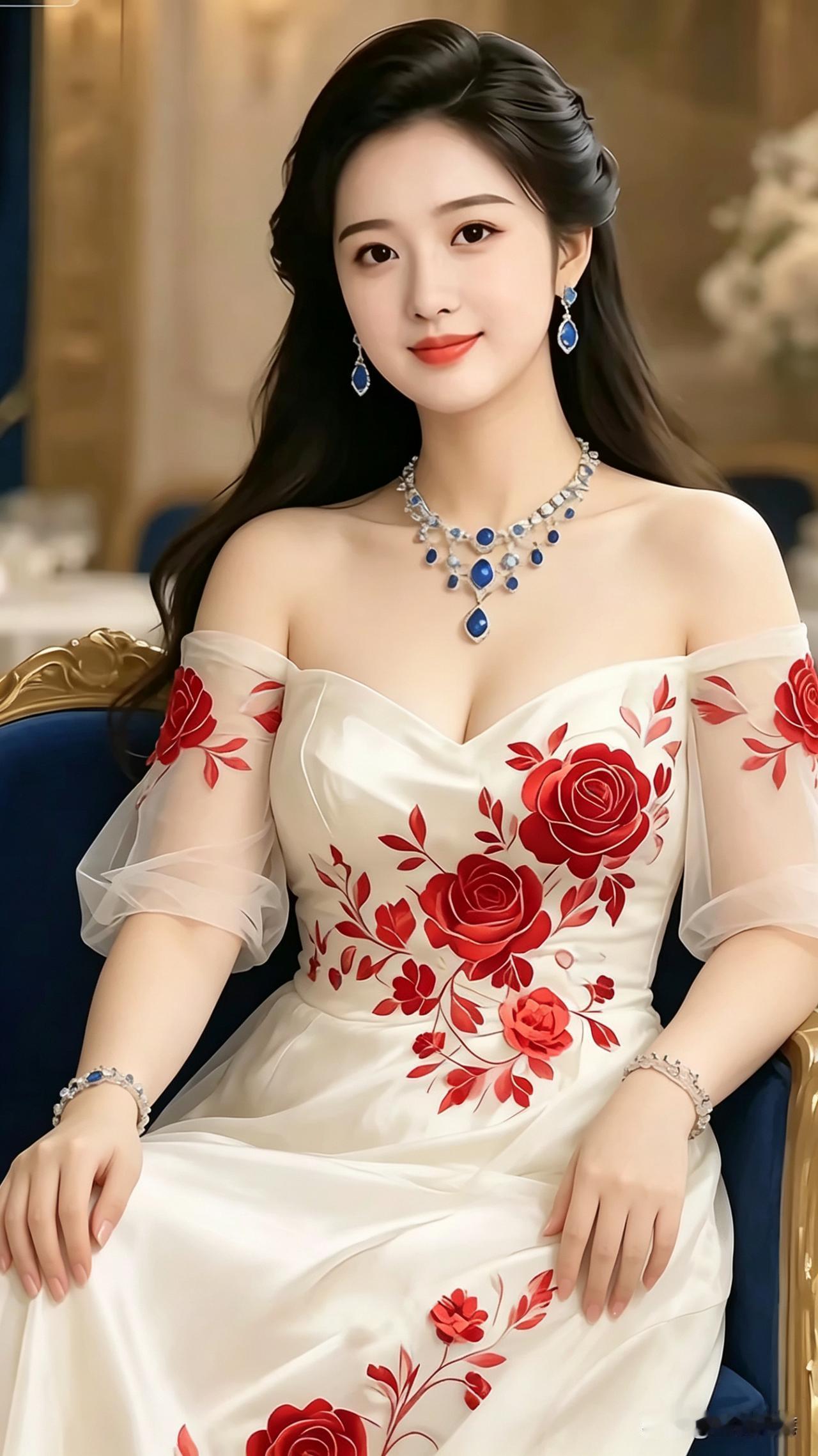 这位美女穿着漂亮的花裙，坐在椅子上。她找一位年轻英俊男士，不谈彩礼，有感情善
