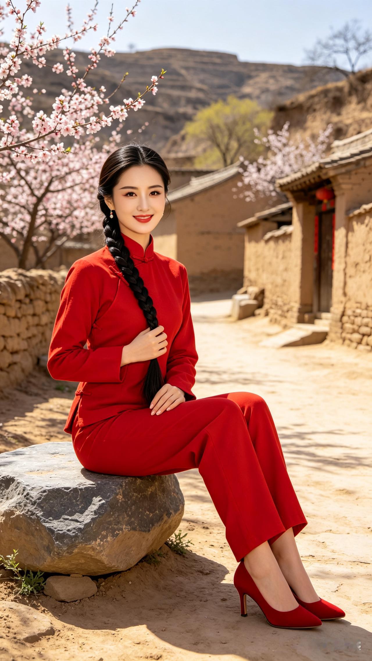 陕北佳人长辫垂于胸前，温婉含笑妆容精致，一身红调中式立领套装配红高跟，端坐村口老