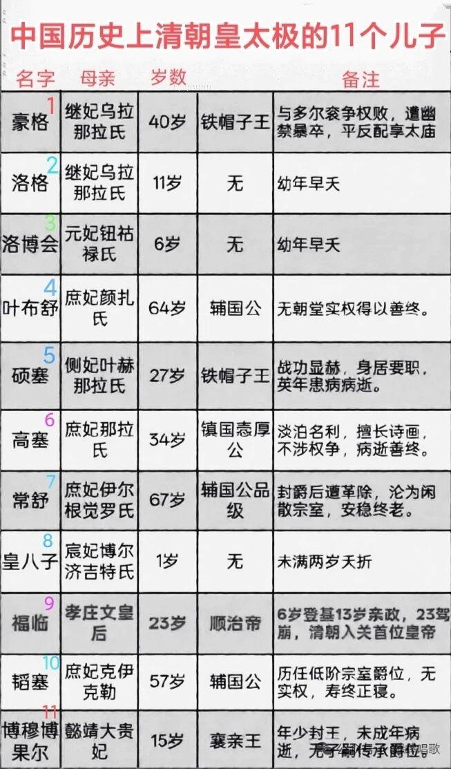 皇太极的11个儿子里，最出名的当属长子豪格和第九子福临，剩下9个大多没在历史上掀