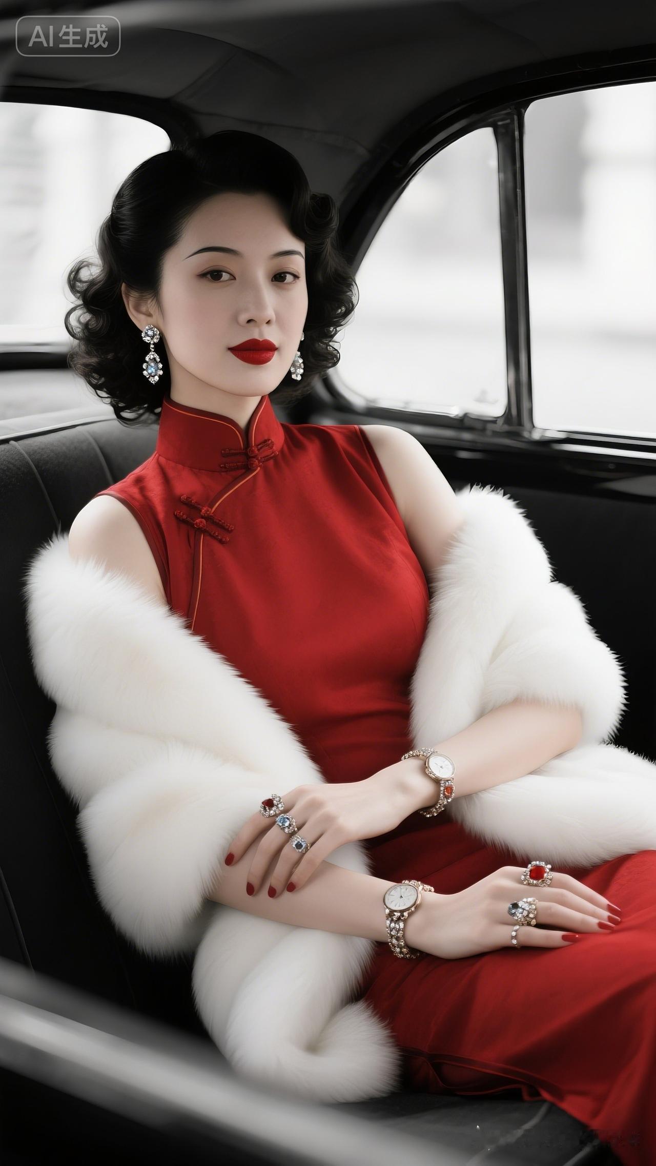 复古红裙搭配奢华珠宝，尽显优雅气质！