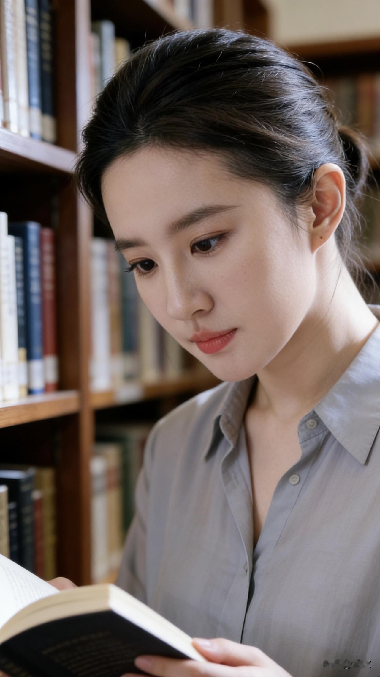 浅灰色衬衫裹着松弛的气息，她指尖轻触书页，在旧书架旁与文字独处。阳光穿过木质缝隙