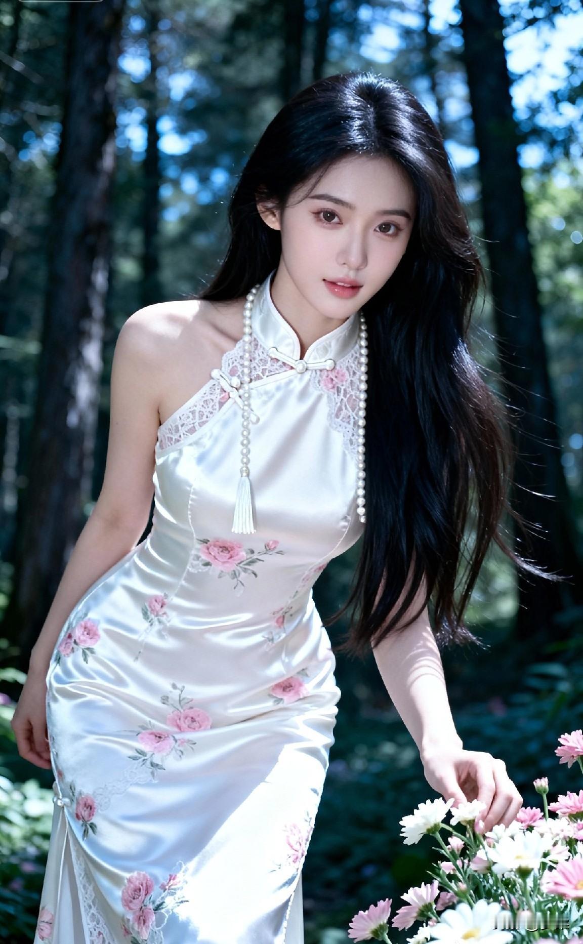 太美了！她穿着旗袍在森林里赏花江南美女旗袍旗袍风景绿花旗袍少女户外景点旗袍