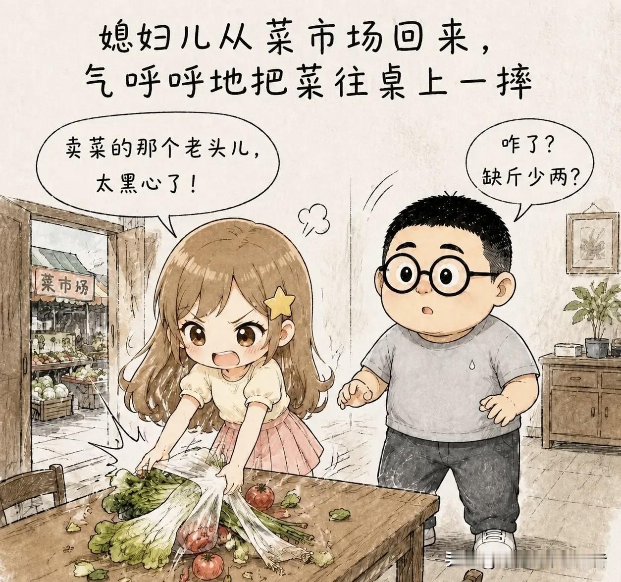 推荐有趣的漫画：媳妇儿从菜市场回来，气呼呼地把菜往桌上一摔：“卖菜的那个老头儿，