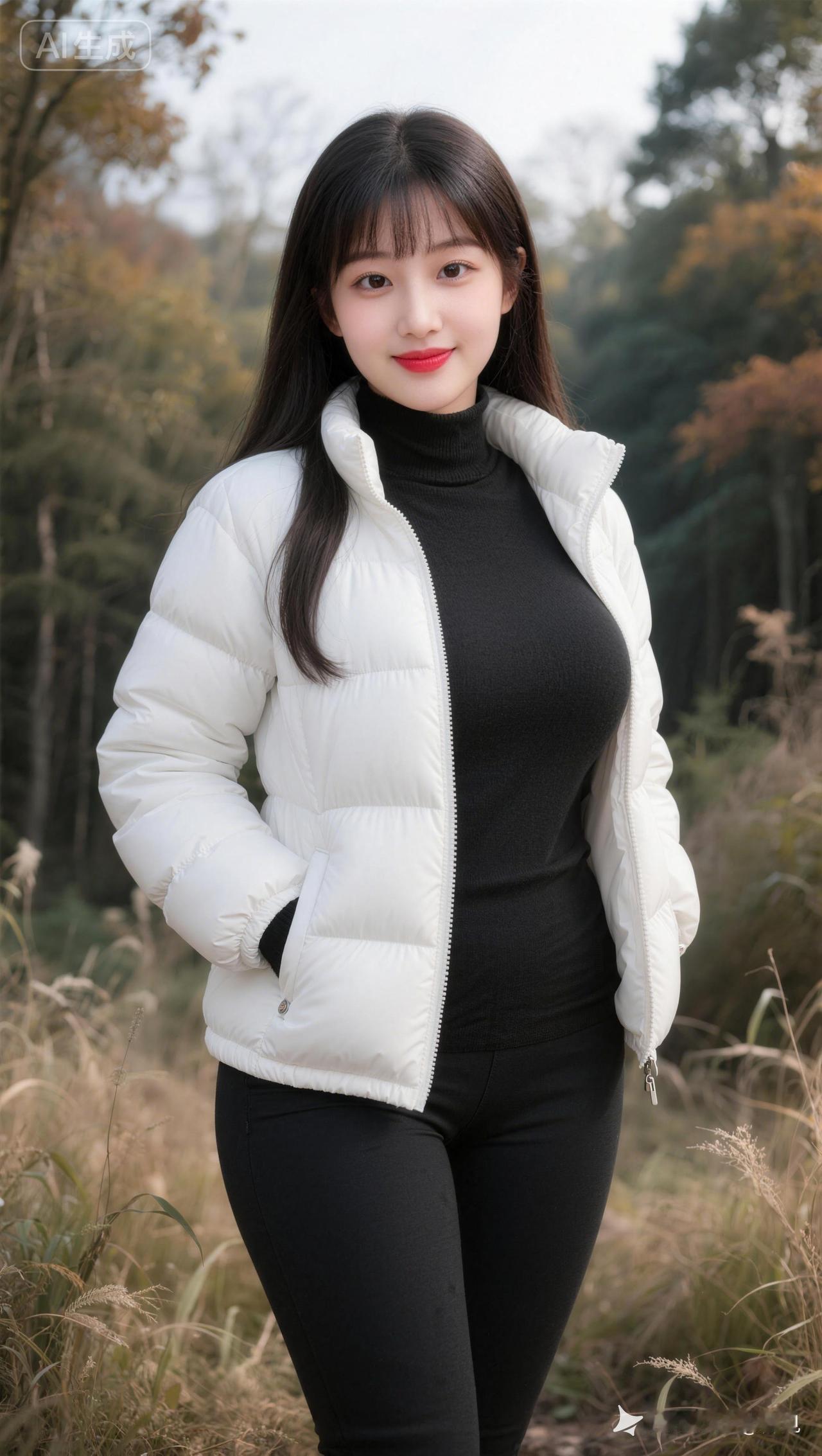 秋日森林里的温暖穿搭，白色羽绒服搭配黑色高领衫，简约又时尚！🍂🌳👗