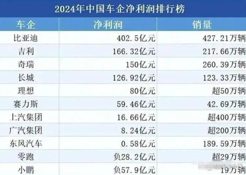2024年中国汽车厂家利润总结出炉，第一名的比亚迪利润差不多是后面三家总和，前三