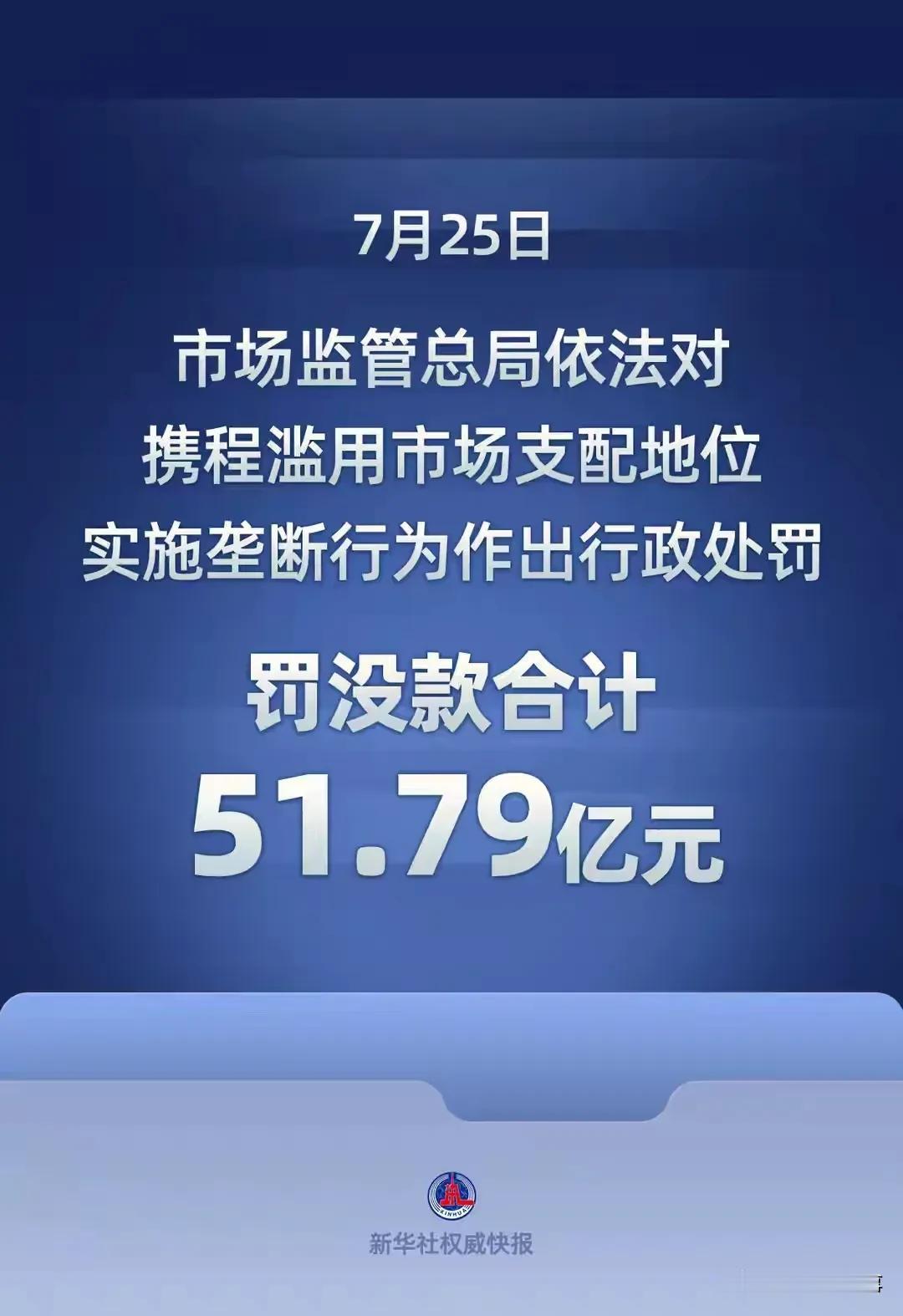 携程被重罚51.79亿，是让所有行业的垄断经营者注意一下。砍掉垄断头部企业，
