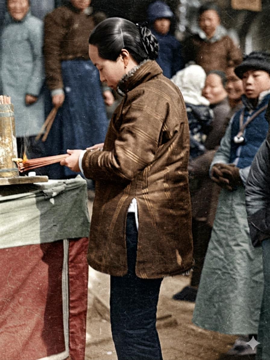 民国庙宇，拥挤喧闹的人群中，一位少妇伫立在供桌前，垂首整理香烛，神情肃穆而虔诚。