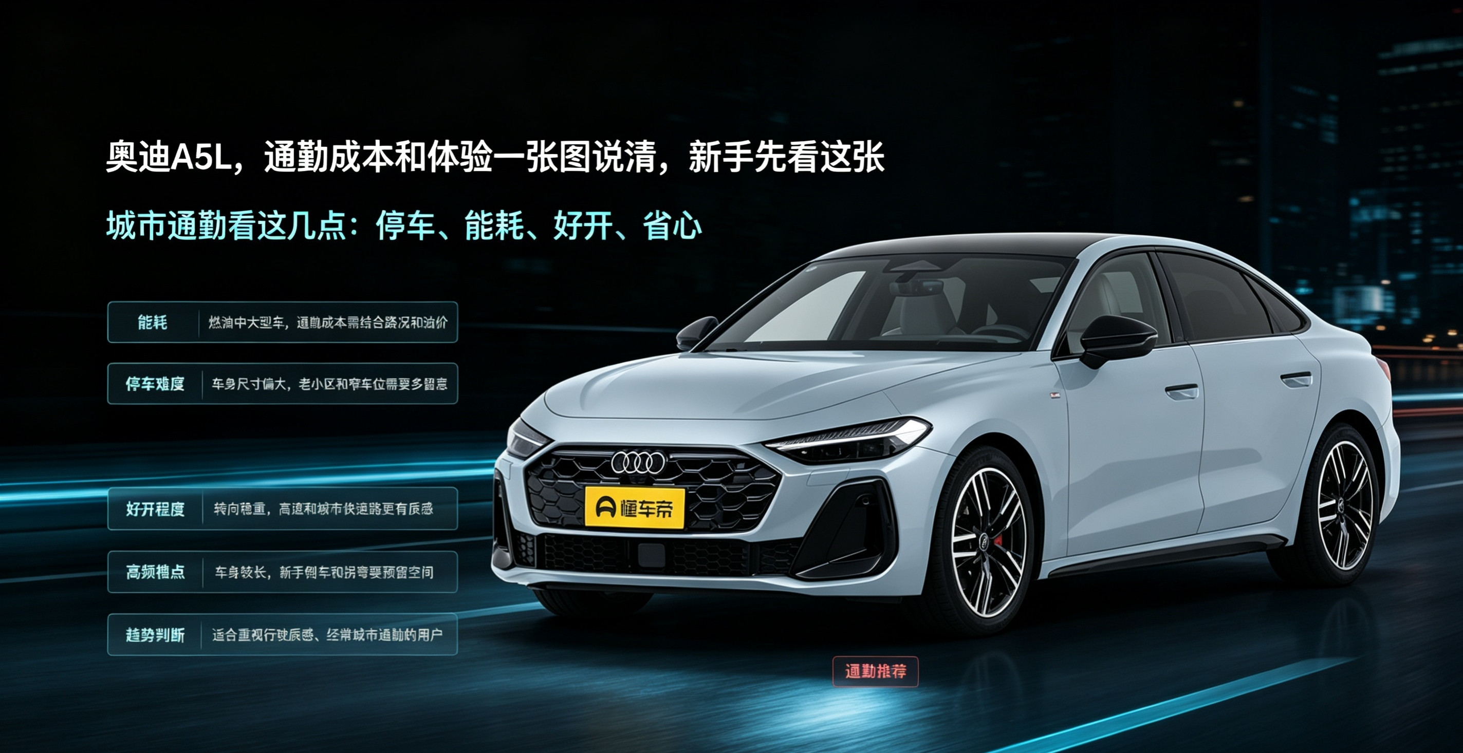 奥迪A5L作为一台豪华燃油轿车，城市通勤要正视它的车身长度，老小区窄车位停车对新手不算友好。2.0T