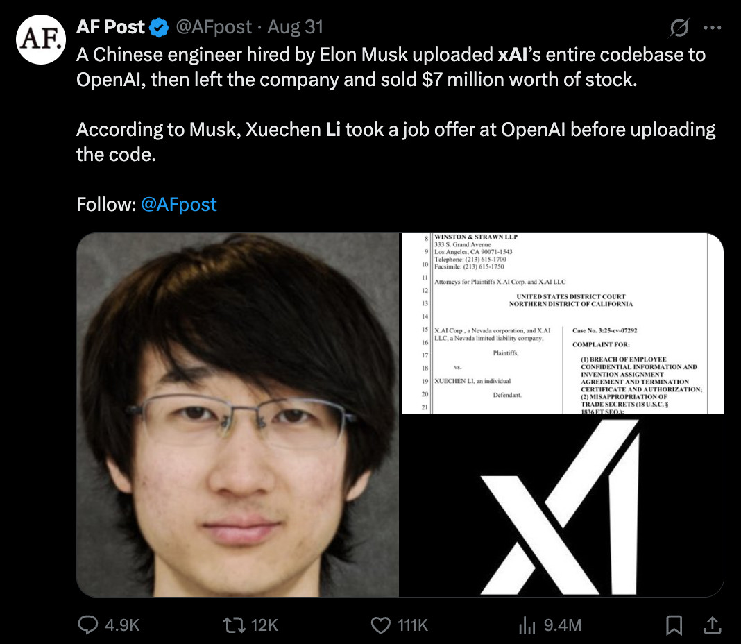 一个姓李的xAI的elonmusk员工，拿到了全部xAI的核心代码