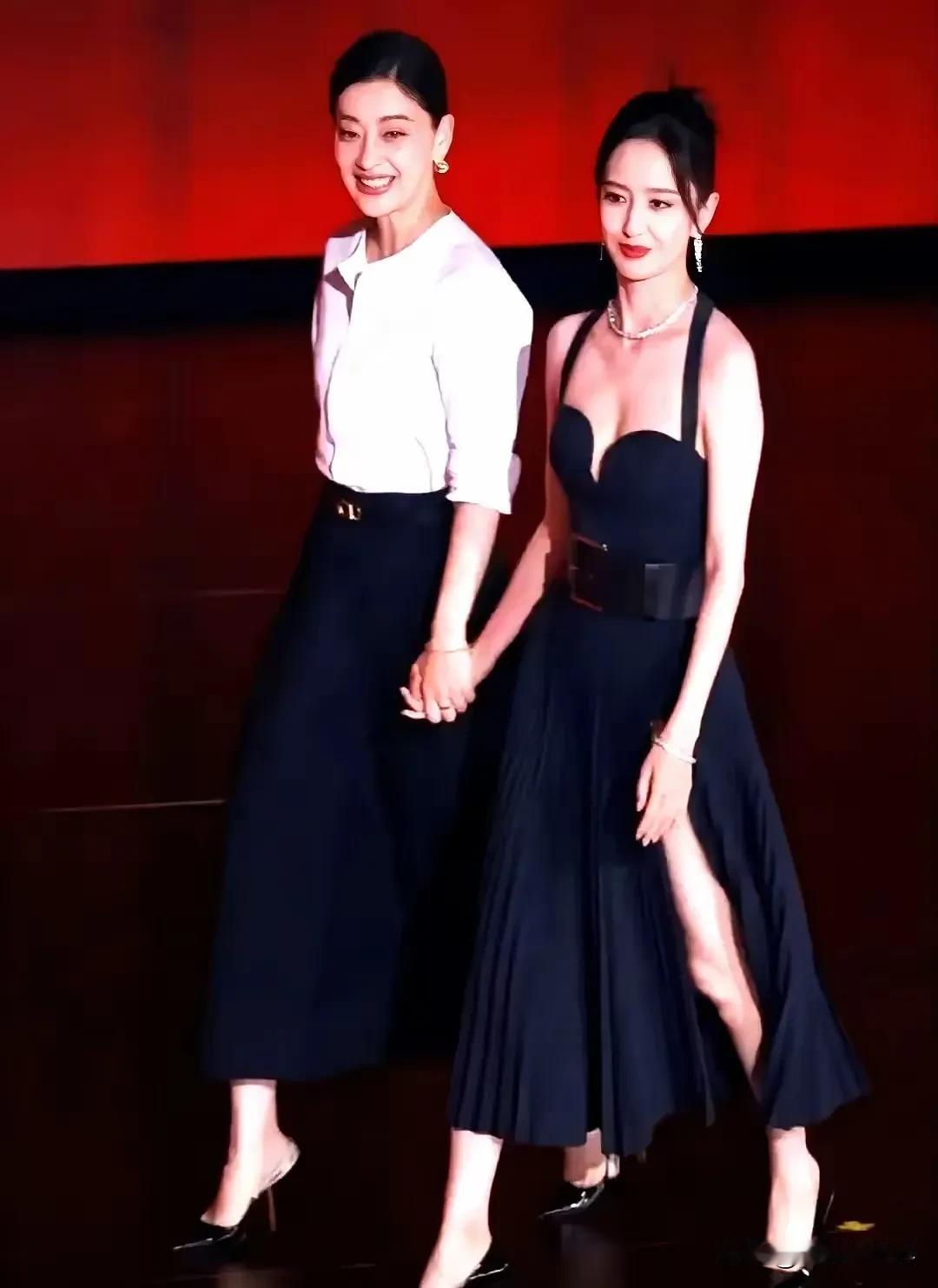 当一身白衬衣、没有半点露的梅婷，和一身黑色深V挂脖又高开叉礼服裙的佟丽娅手牵