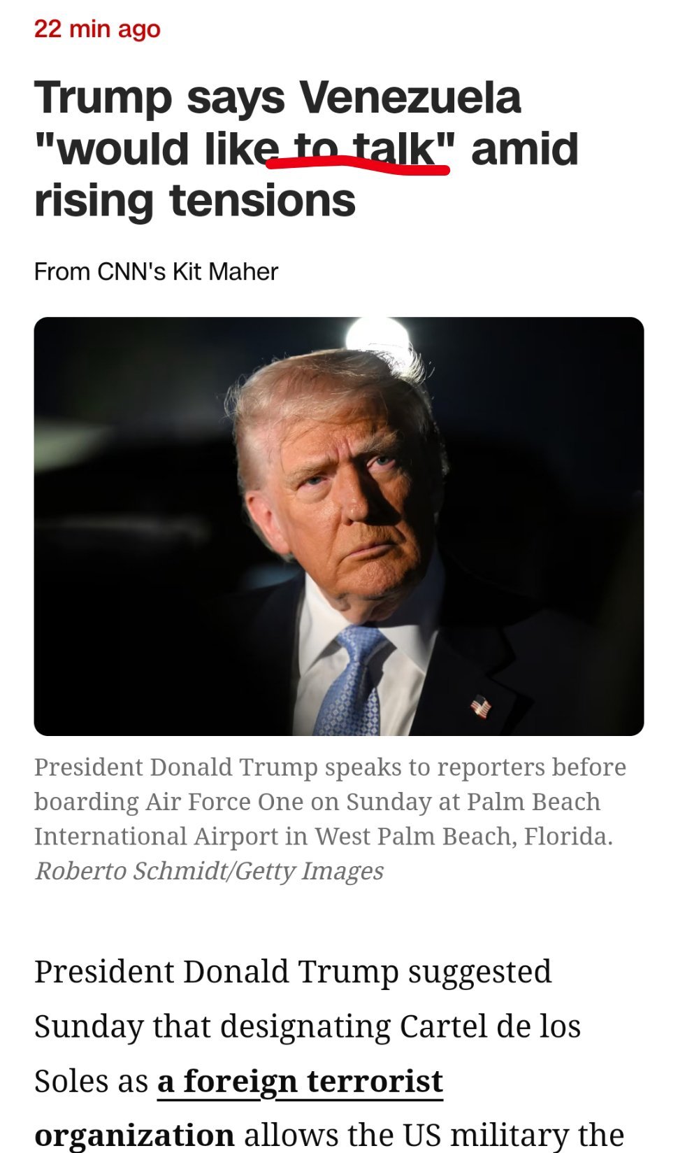 今天，特朗普打委内瑞拉的可能性又升高了一点！刚把委内瑞拉政府宣布为“非法的外国恐