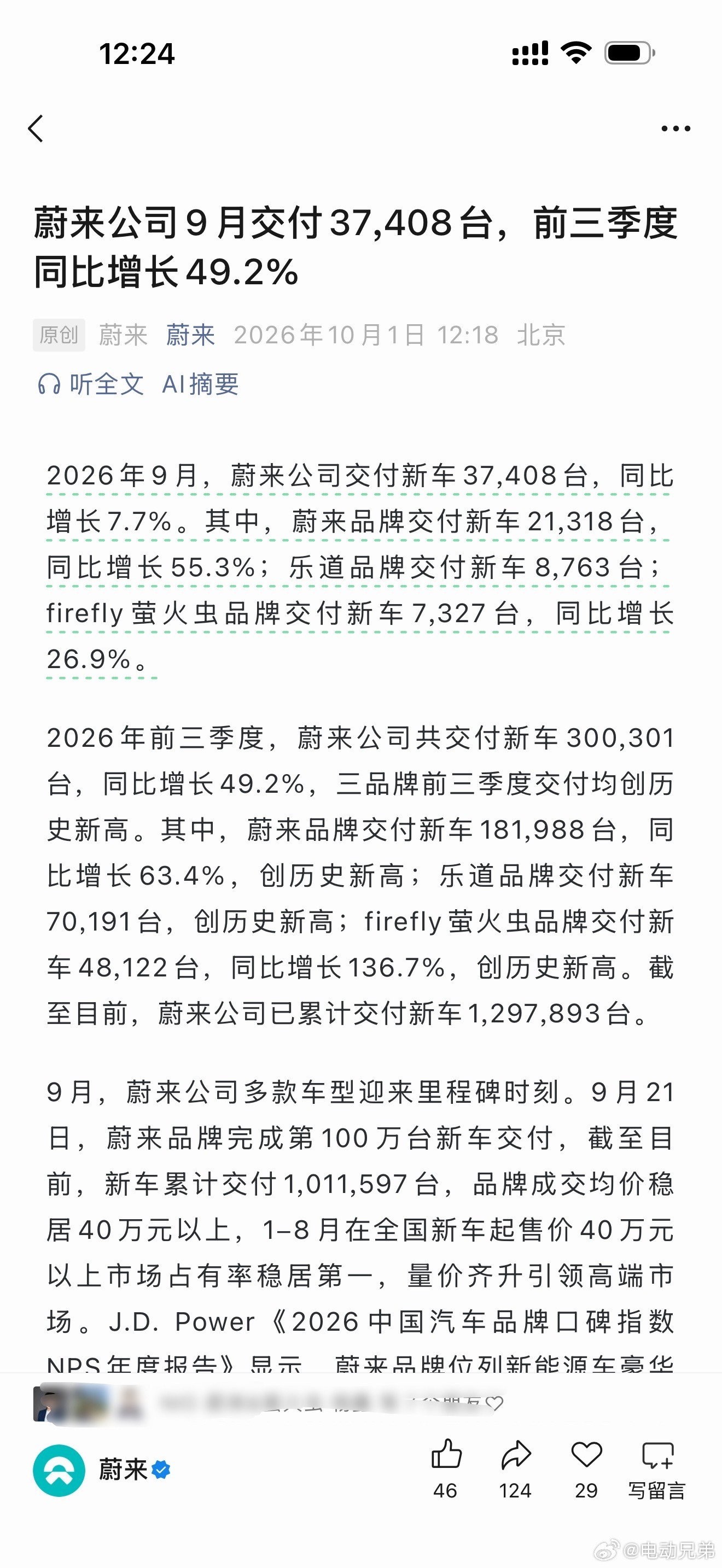 说实话蔚来公司9月交付37408台我有点意外，在我预期中这个月可能会受到多路竞品新车冲击ES8，我心