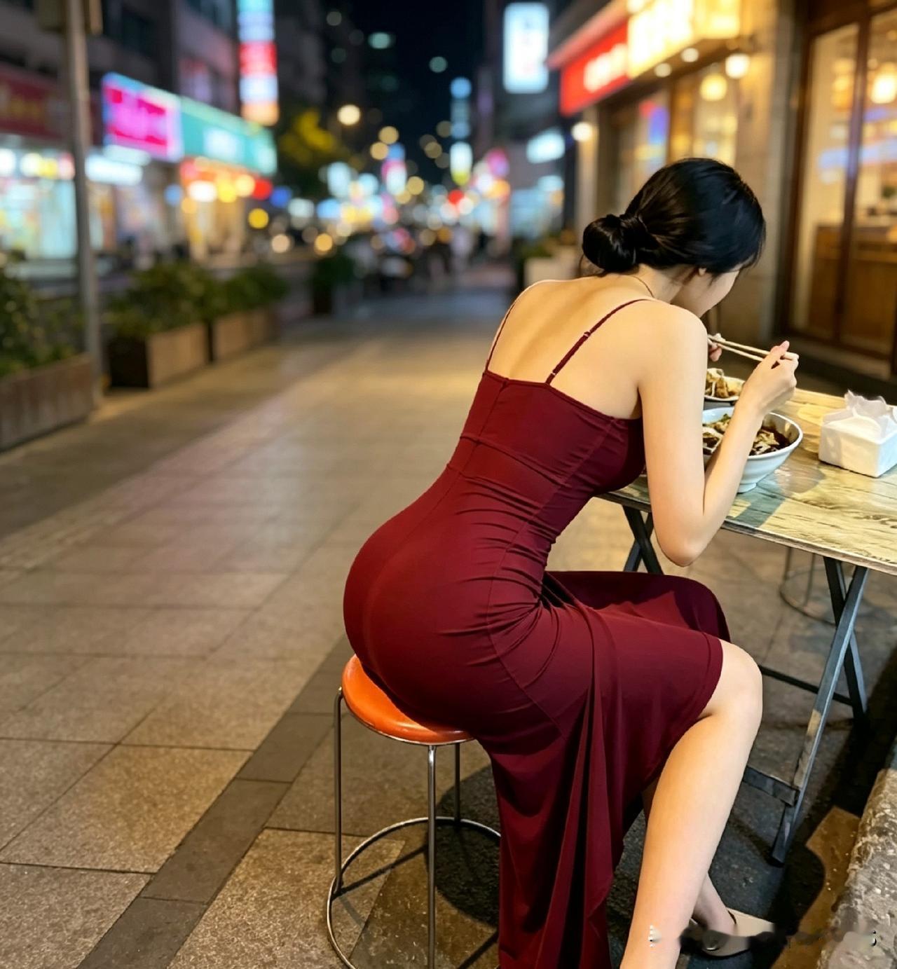 在夜市小摊拍到一位小姐姐，精致的蕾丝长裙搭配路边夜宵，那反差感瞬间拉满！别人吃大
