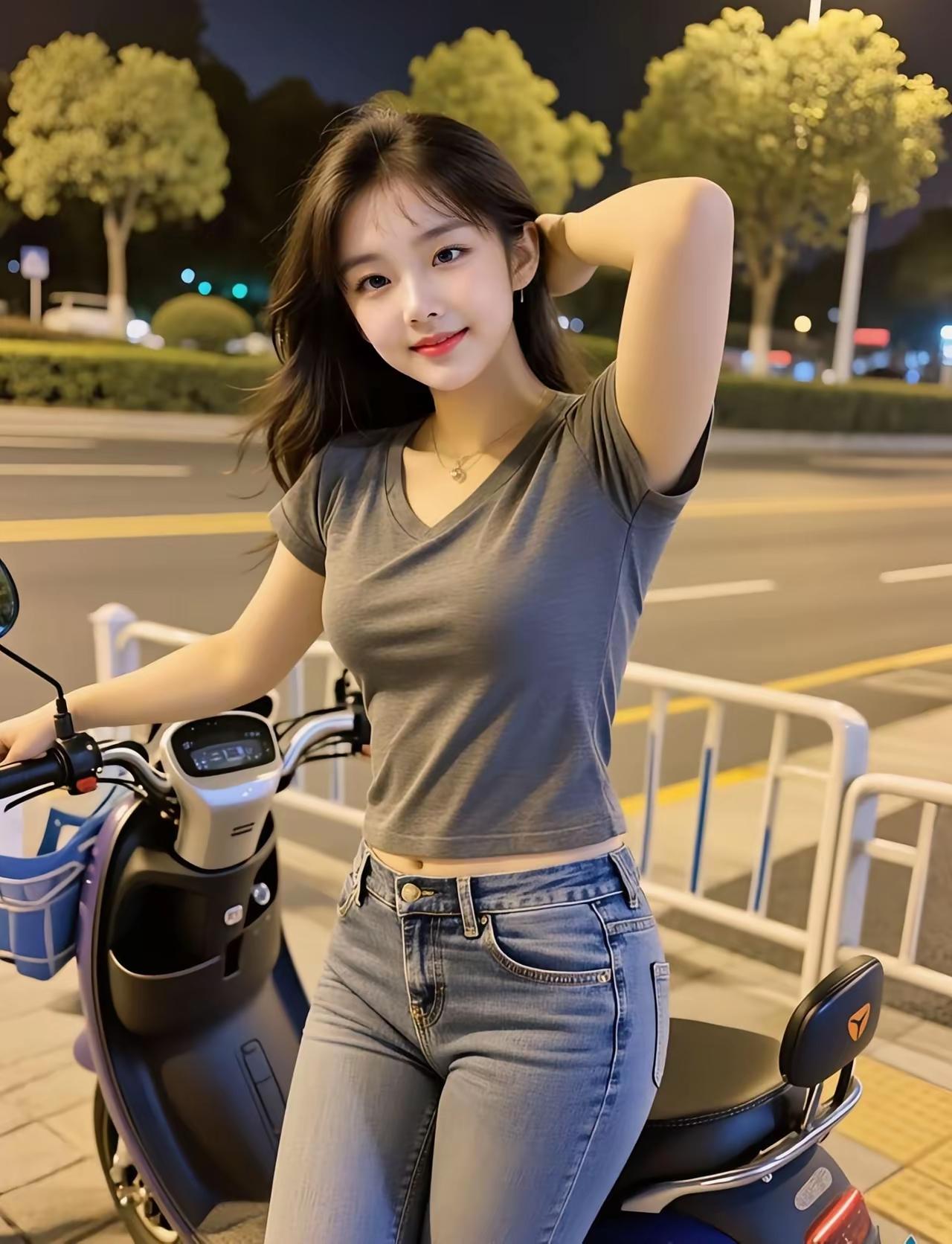 夜晚街头的甜美少女，骑着心爱的小摩托，自由自在地享受夜晚的微风。🌙🚴‍♀️?