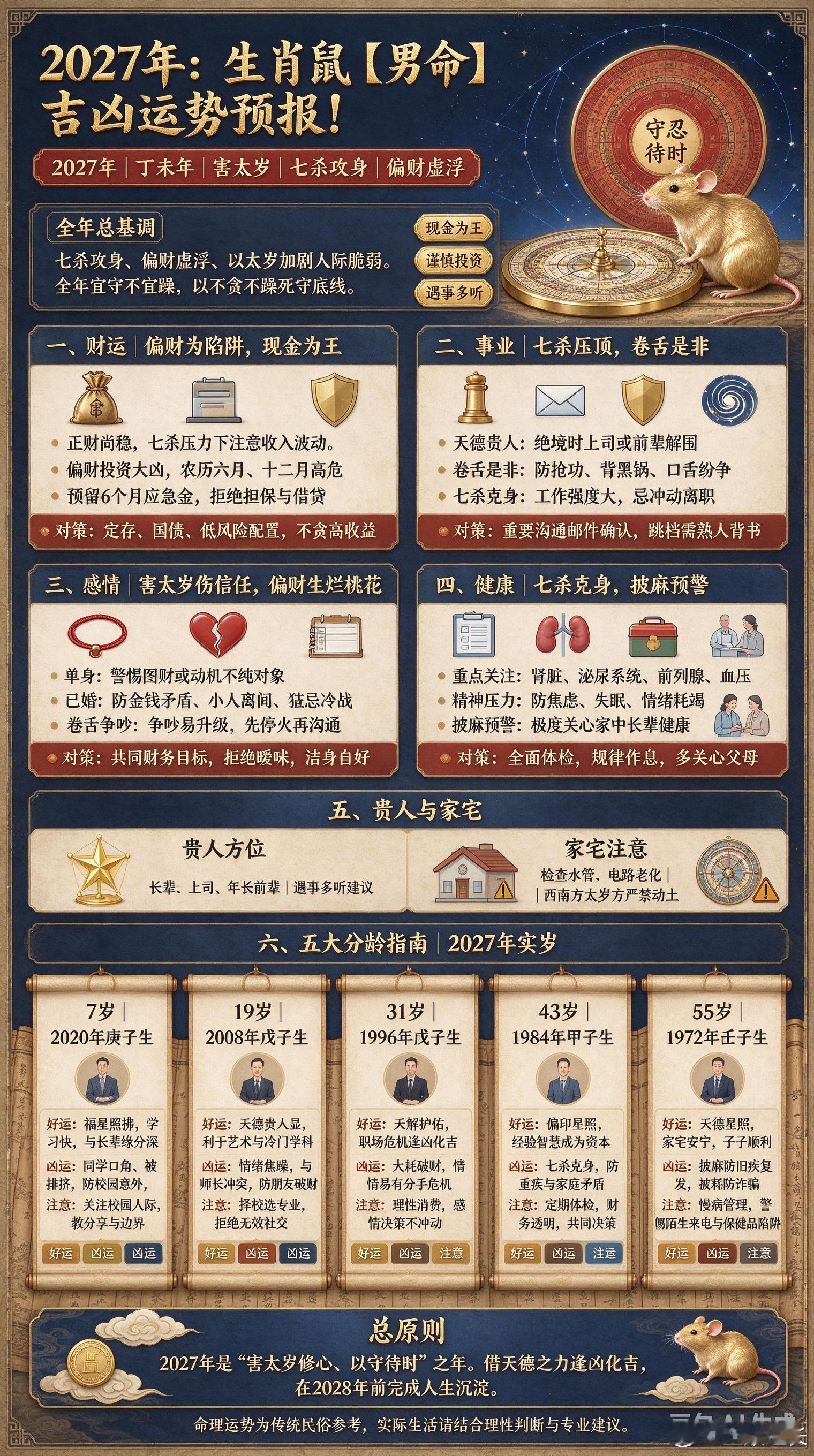 2027年：生肖鼠【男命】吉凶运势预报！2027年（丁未年）属鼠男命的运势总论，核心逻辑可以概括为：
