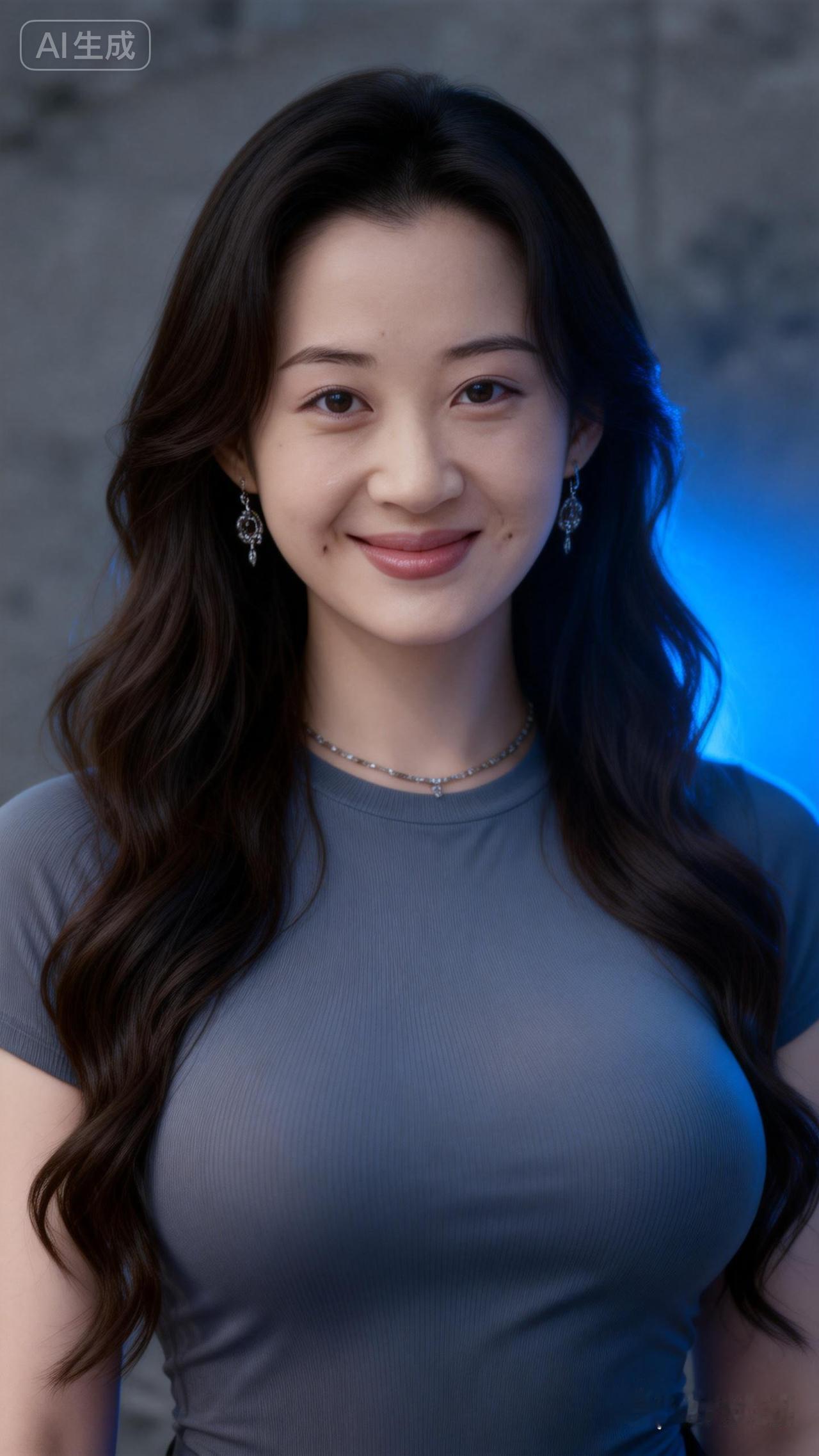 温柔微笑，蓝调光影下的迷人少女