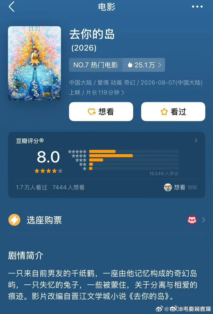 去你的岛豆瓣开分8.0📽️动画制作水准在线，幻境孤岛想象力十足，细腻刻画原生创