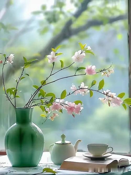 上联：静赏花开诗意满，下联：闲观柳垂烟水远，下联：轻吟风动夜光柔。