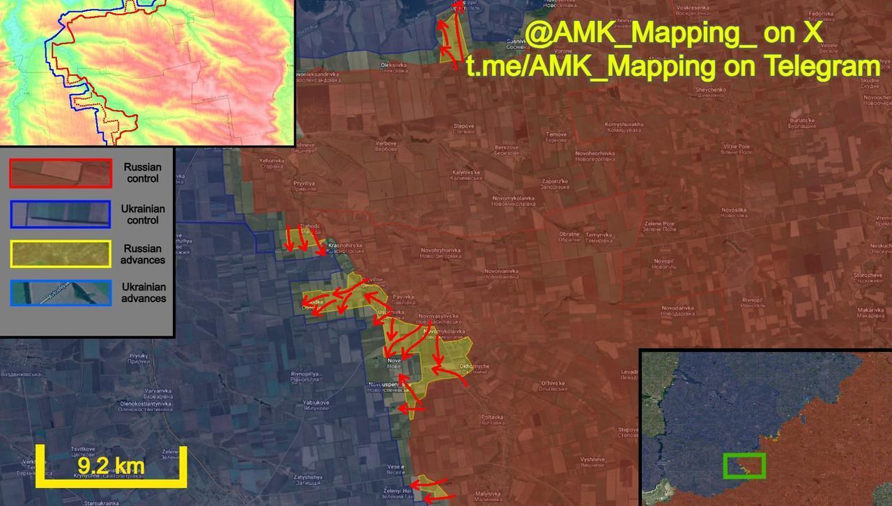 在波克罗夫斯克和胡利亚伊波列方向，过去五天里，俄军持续推进，在多个区域夺取了新的