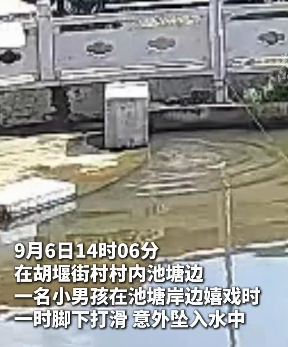 近日，浙江永康胡堰街村，一个小男孩在水塘边玩，突然掉了进去。还好，他抓住了安