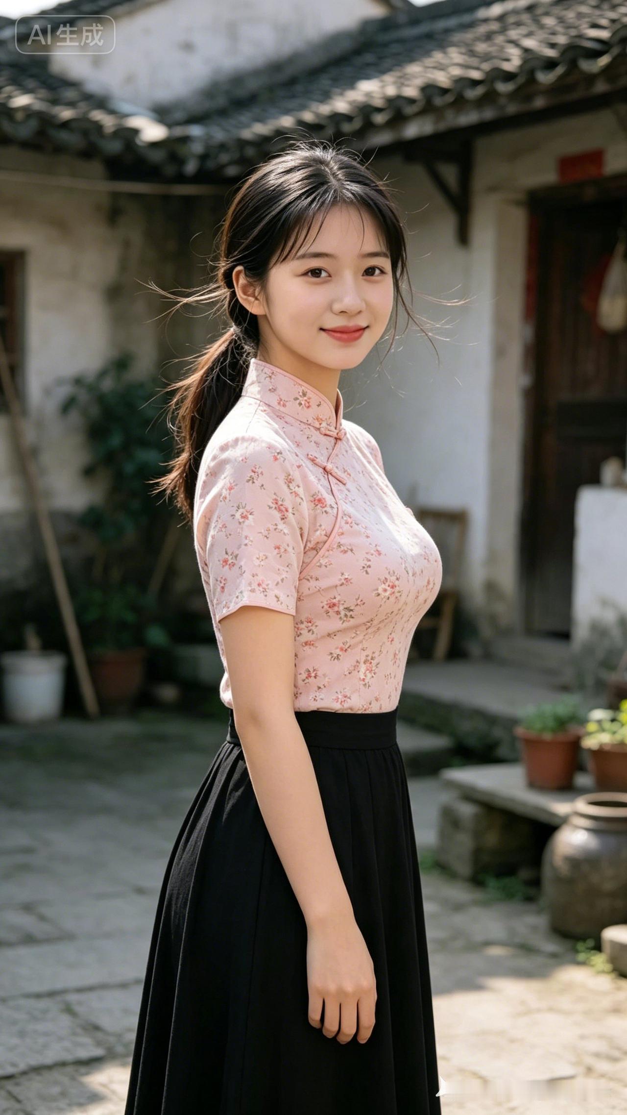 温柔少女风，粉色旗袍裙，古风庭院，清新自然。
