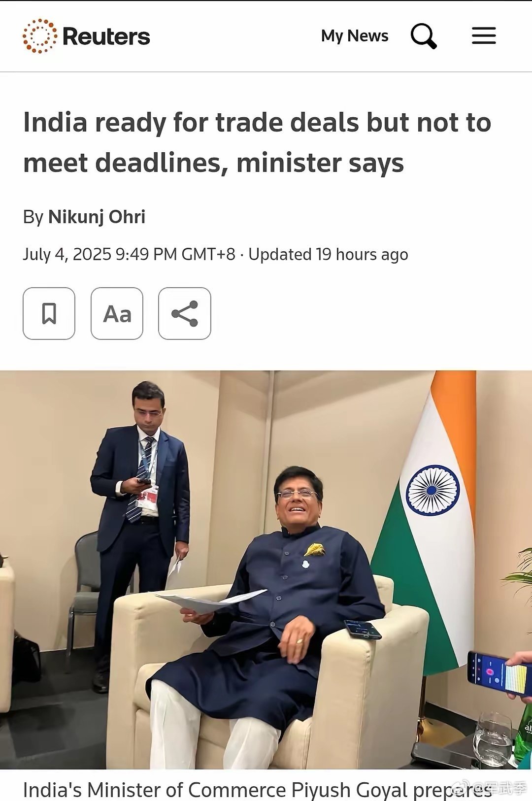 路透社：印度表示贸易协议不为期限妥协，国家利益至上，条件必须优于中国。