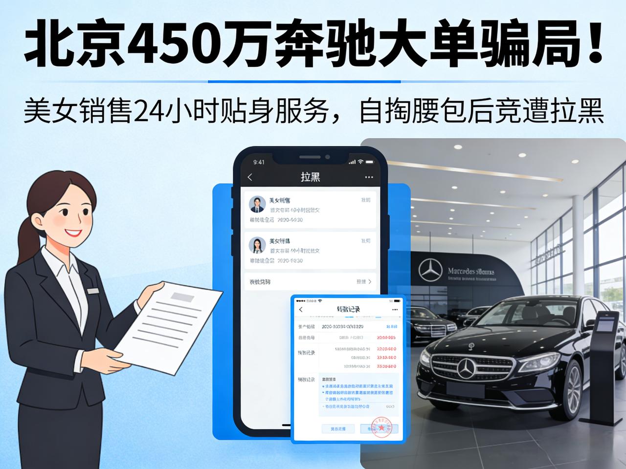 北京450万奔驰大单骗局！美女销售24小时贴身服务，自掏腰包后竟遭拉黑北京惊