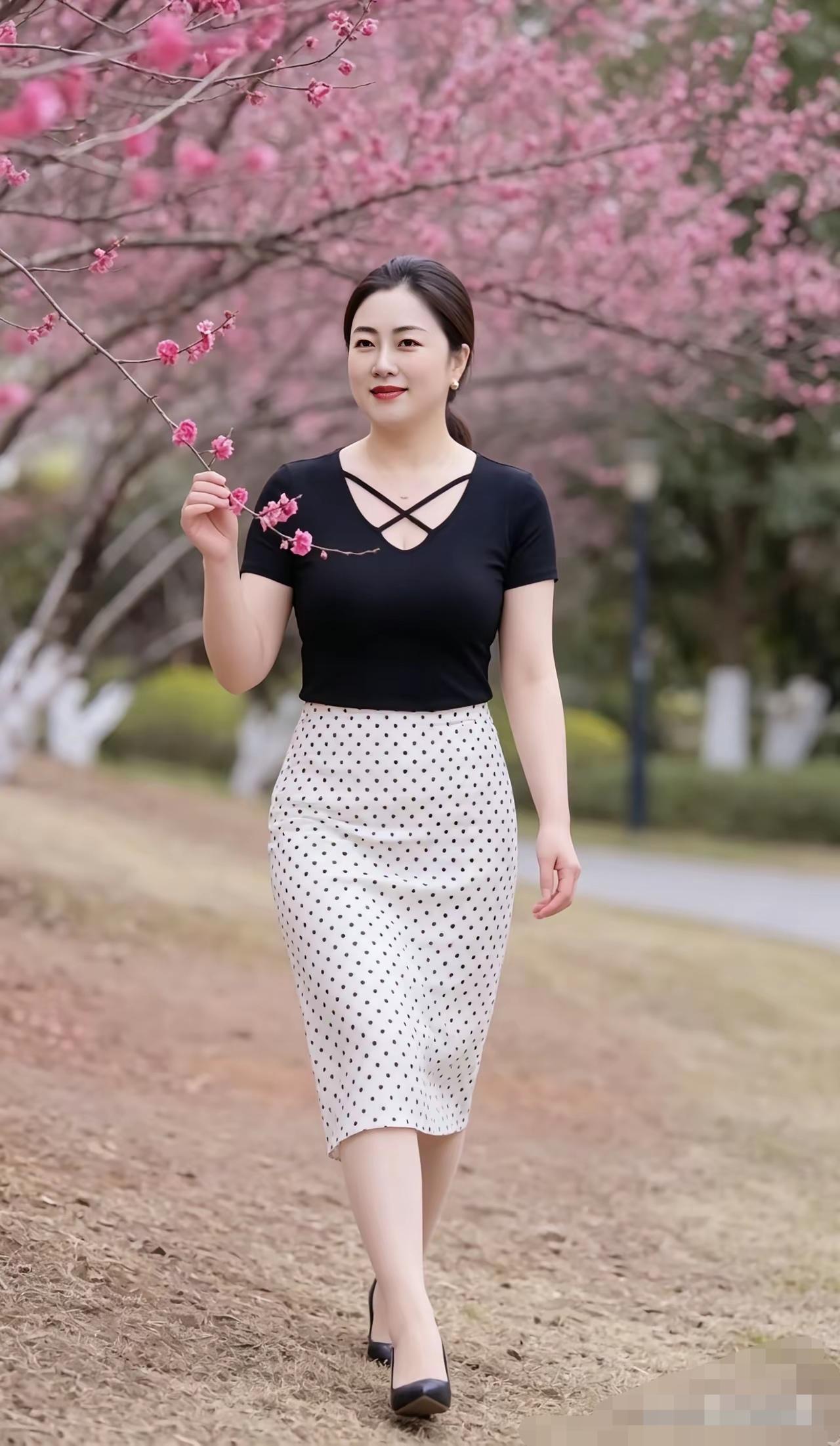 樱花树下尽显美女的好身材