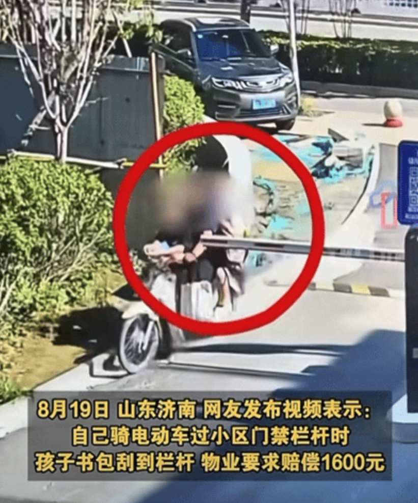 山东济南，女子骑电动车载孩子回家，经过小区门禁栏杆时，孩子书包轻轻刮了下栏杆，结