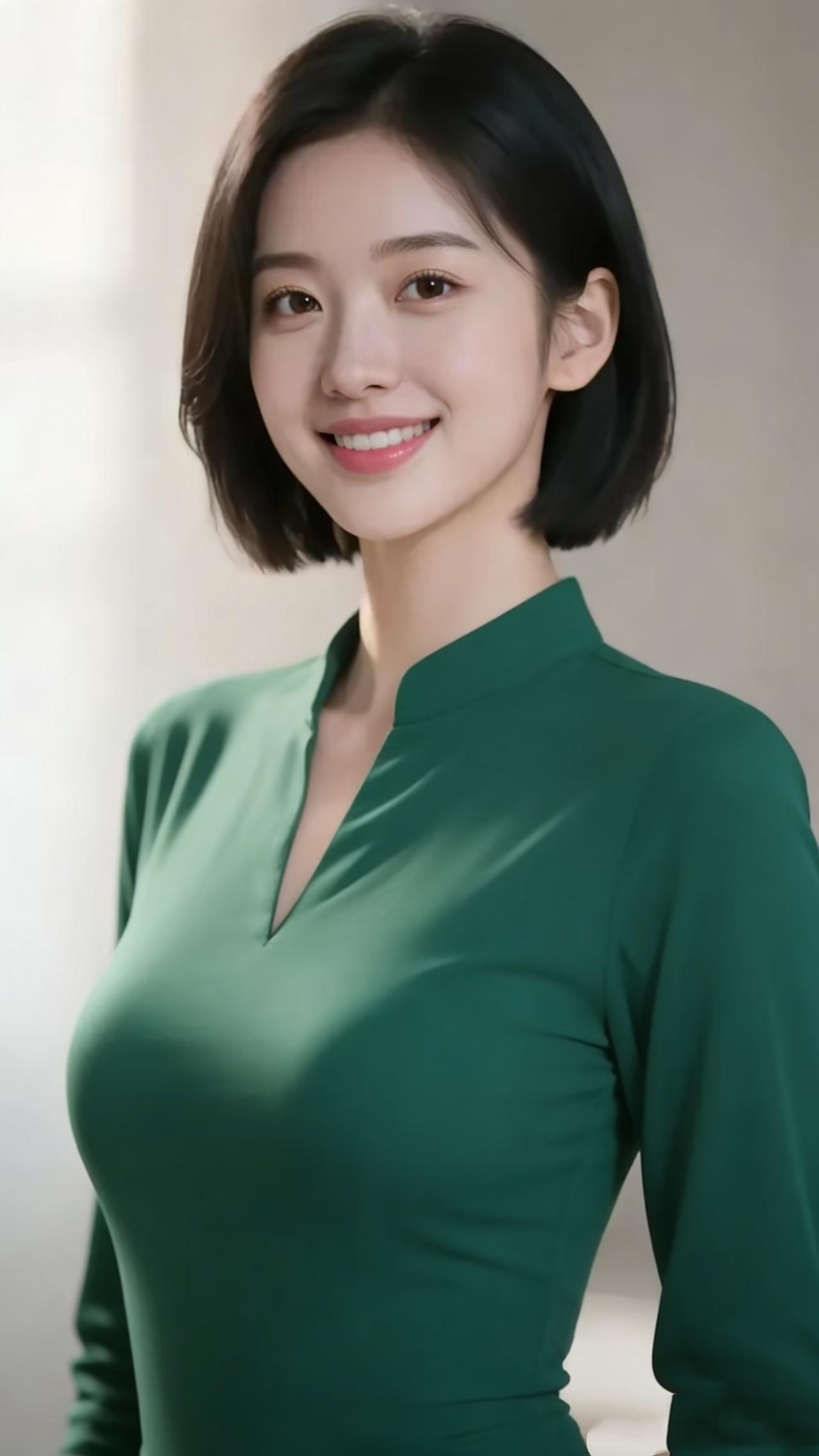 《翠衣浅光里的温柔》柔光照在肩头时，她的笑意像浸了春日的软。墨色短发