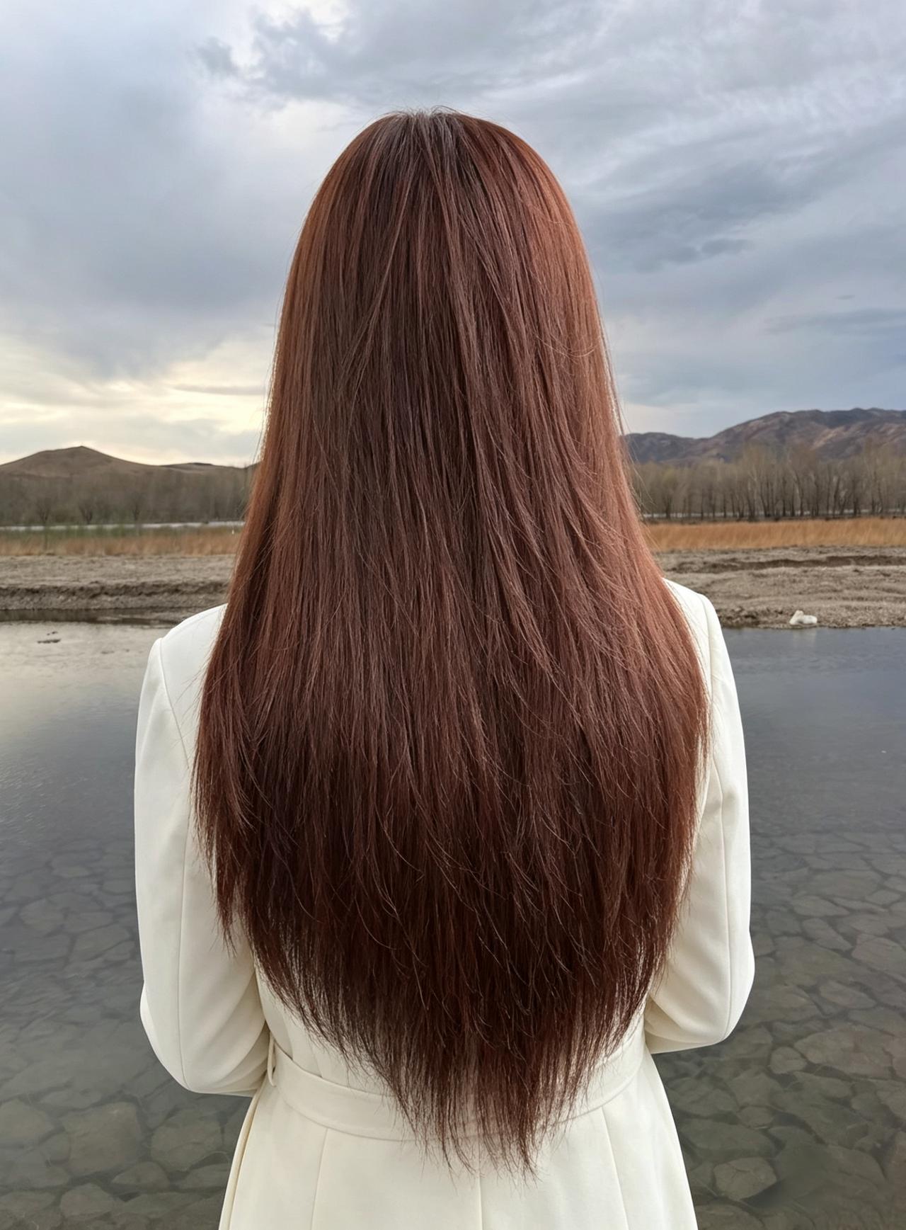 河畔垂眸对晚晴，棕丝如瀑落肩轻。风牵发尾随云动，背影悠然映水明。