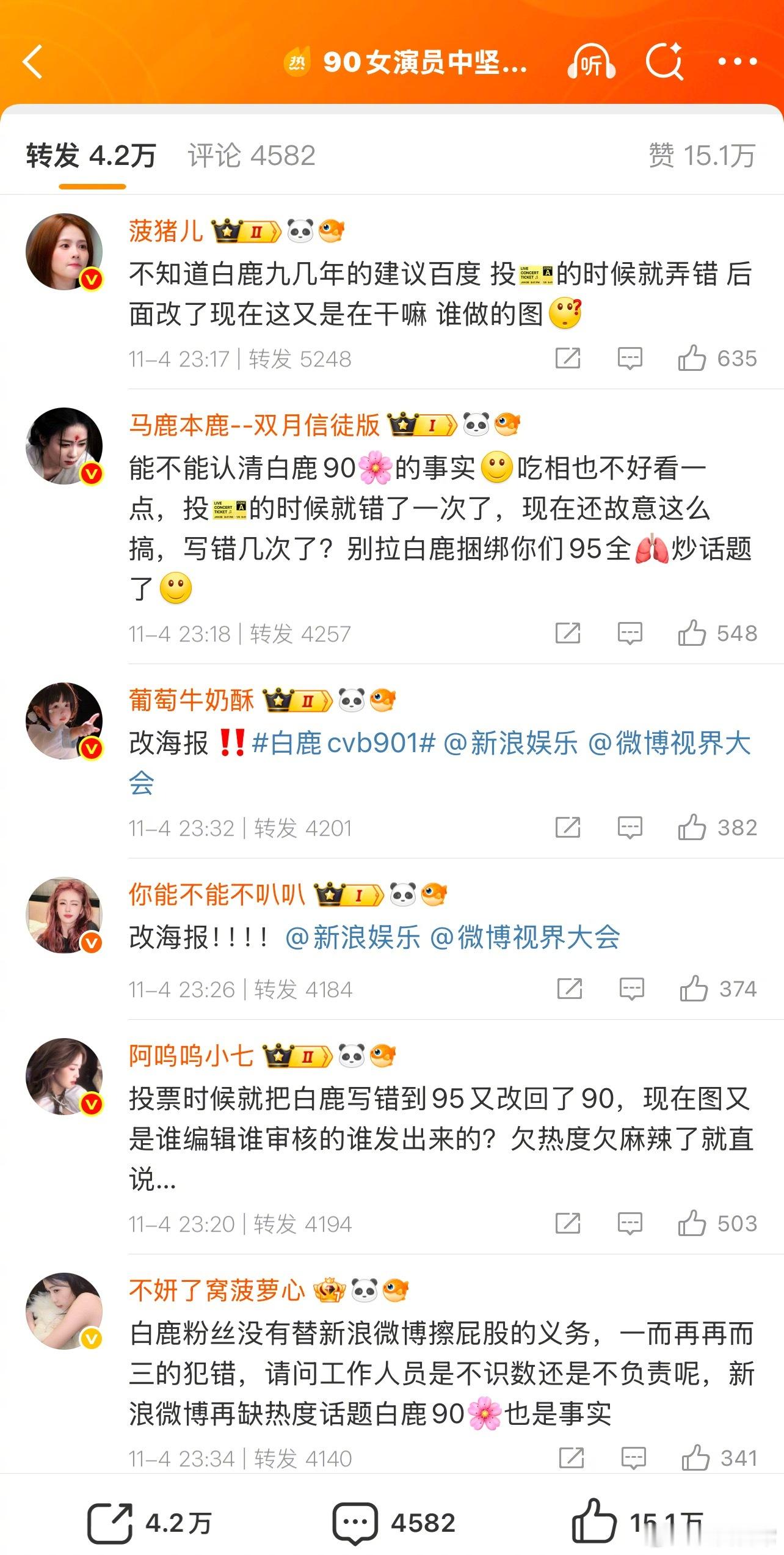 由于女演员中坚力量评选把白鹿归为95花，白鹿粉丝在维权，表示白鹿是901