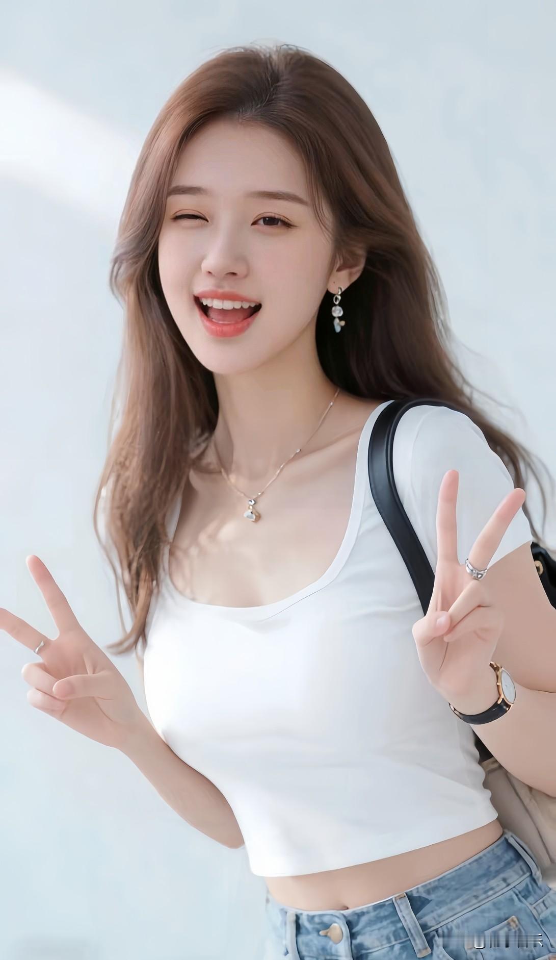 梨涡浅浅缀甜笑，比个V字俏眉梢；阳光漫过肩头绕，青春正好趁今朝。分享一张你的