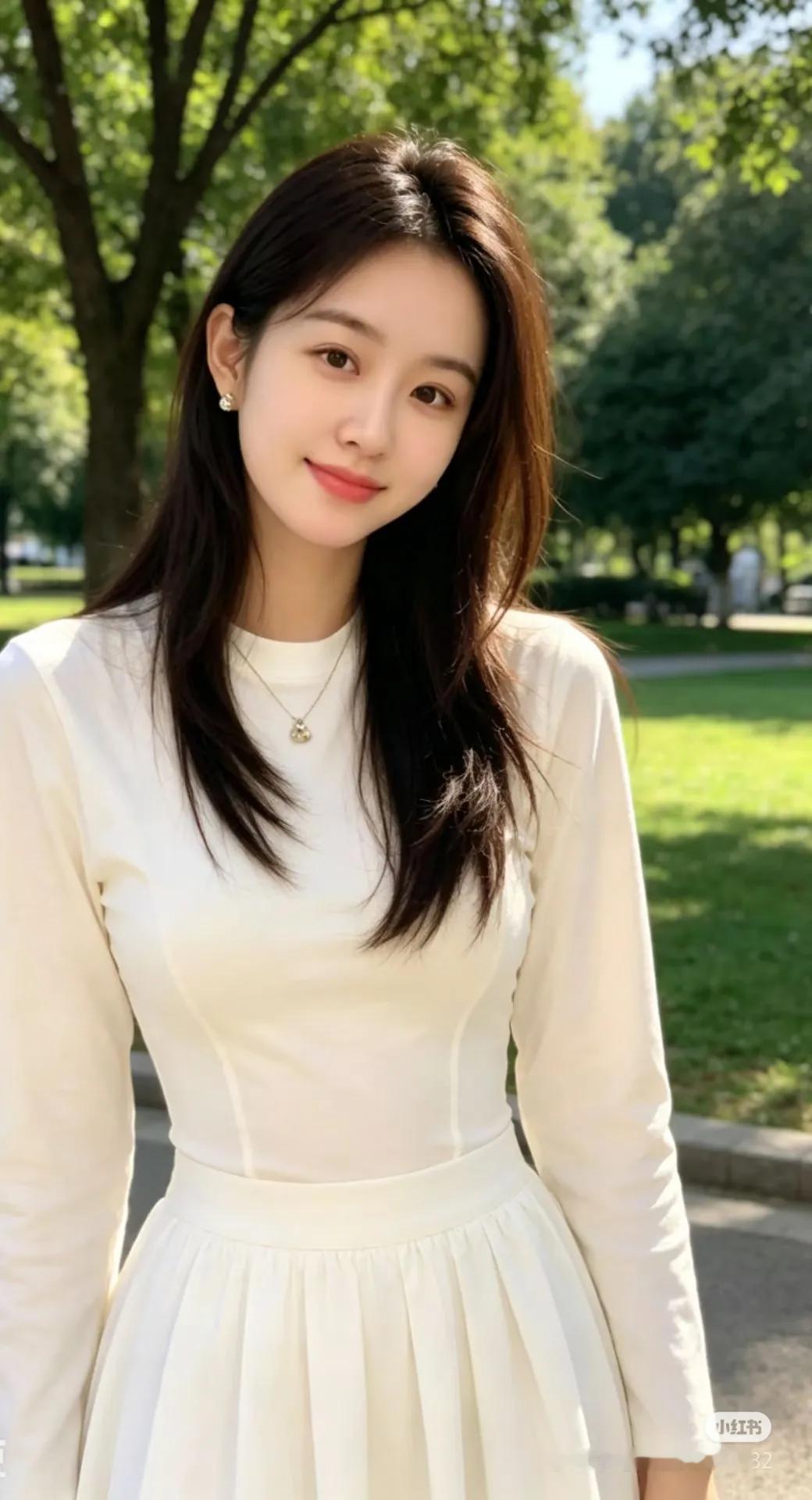 阳光明媚的午后，白裙少女在公园里微笑。街拍高清美女