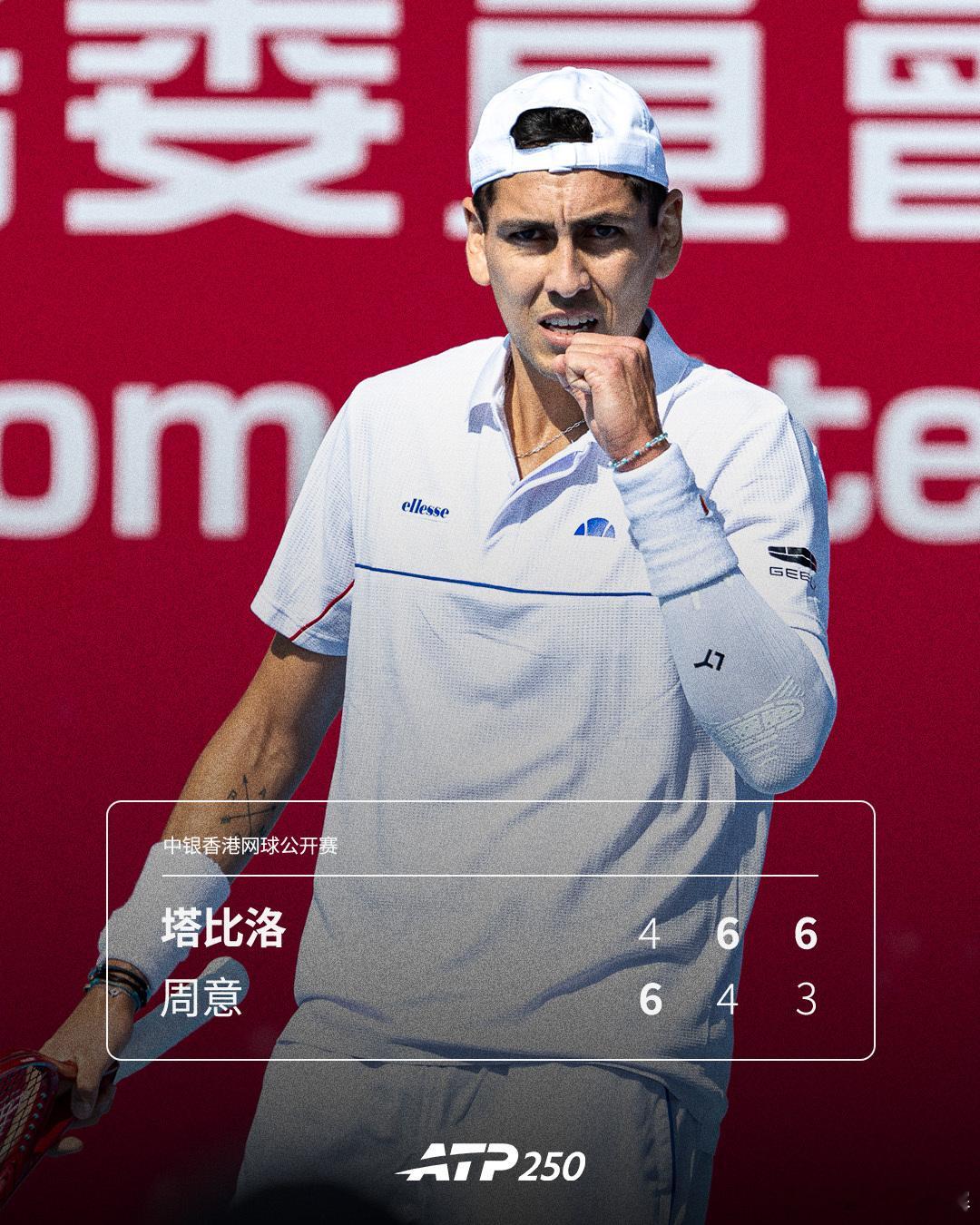 周意不敌塔比洛ATP250中银香港网球公开赛资格赛决胜轮，周意6-44-6
