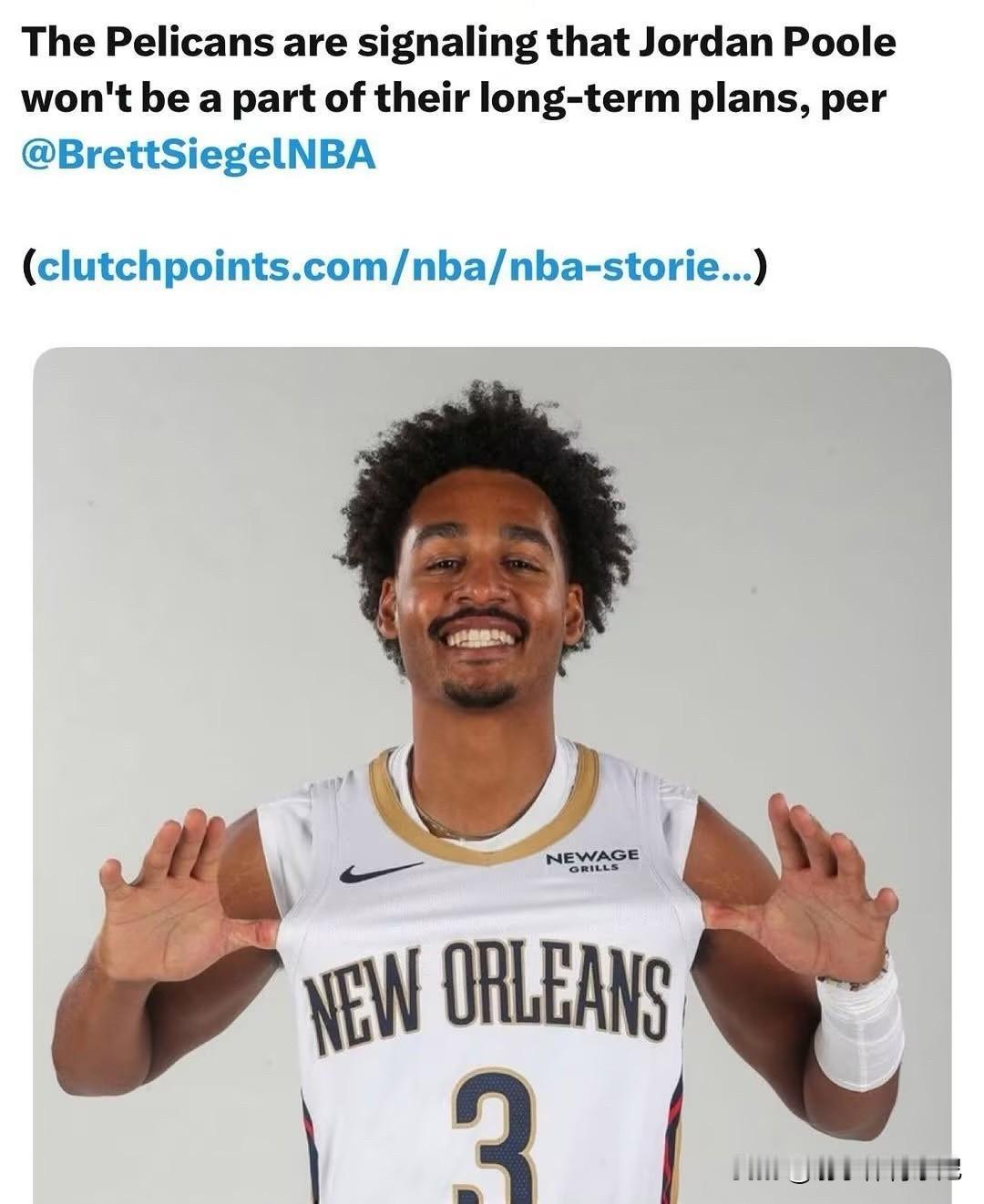 重回勇士可好？据美名记BrettSiegel报道，前勇士冠军球员乔丹-普尔如