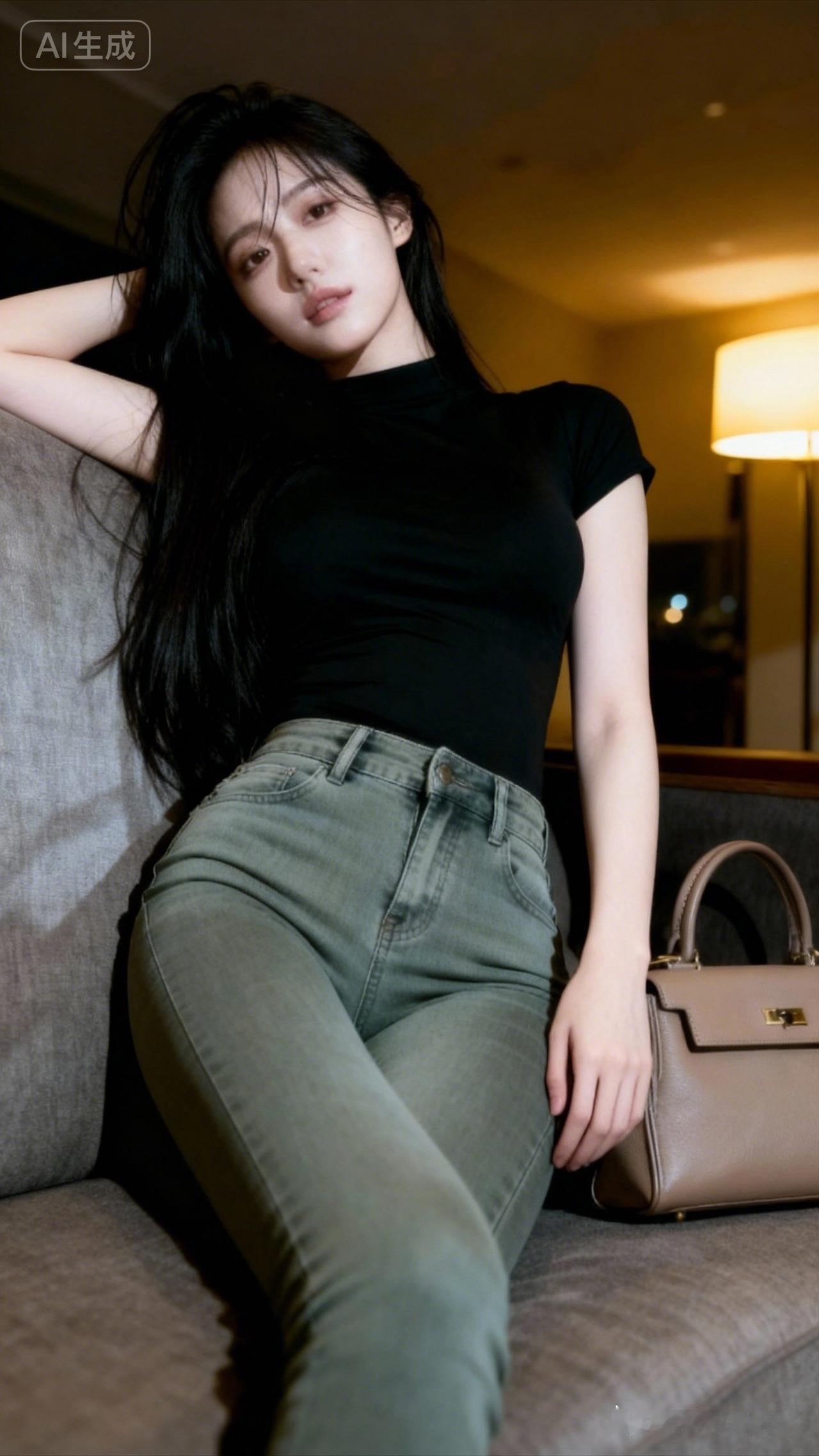 都市时尚少女，黑色上衣+牛仔裤，优雅气质！