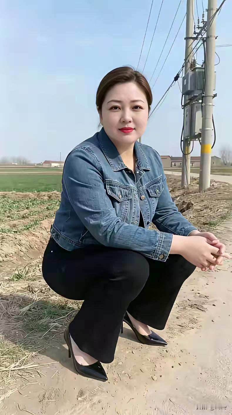 捣练子·乡野佳人牛仔衫，素青裙，丰韵嫣然笑靥温。闲倚田边风送暖，乡关清景