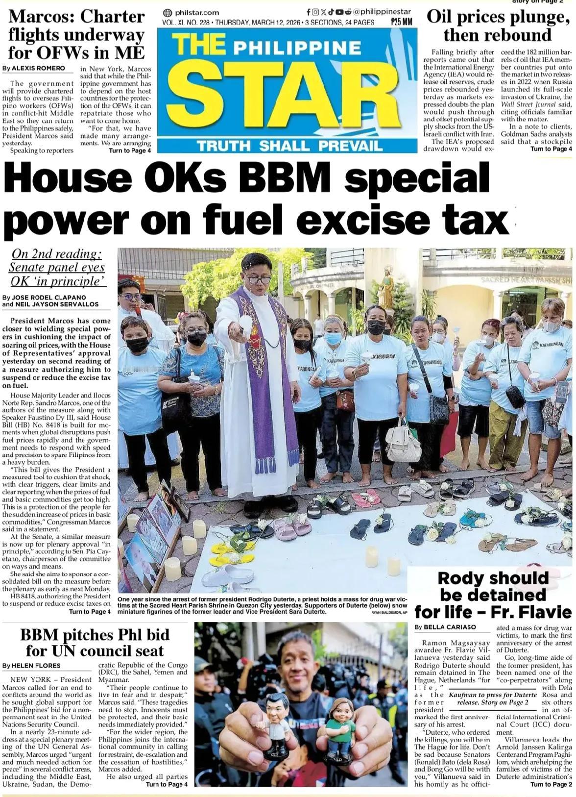 《菲律宾星报》头版报道称，照片显示，在前菲律宾总统罗德里戈·杜特尔特被捕一年之际