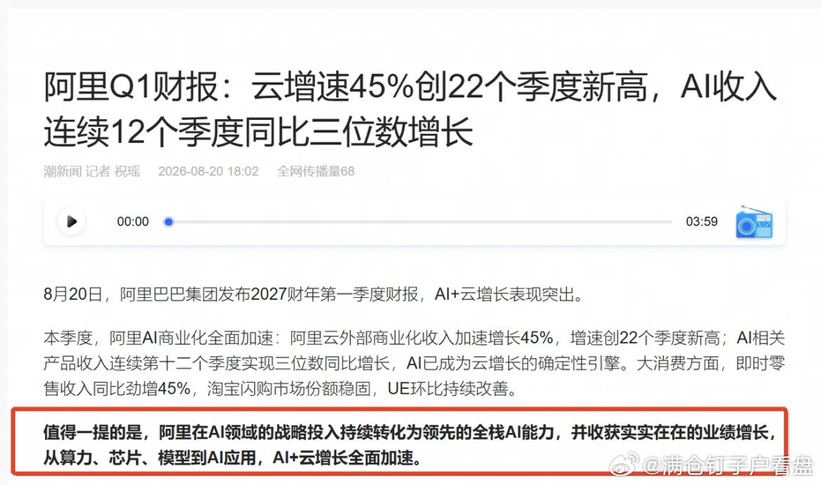阿里最新一季财报落地，打出两张王牌！第一张牌是云。阿里云外部商业化收入这一季同比拉升45%，增速为2