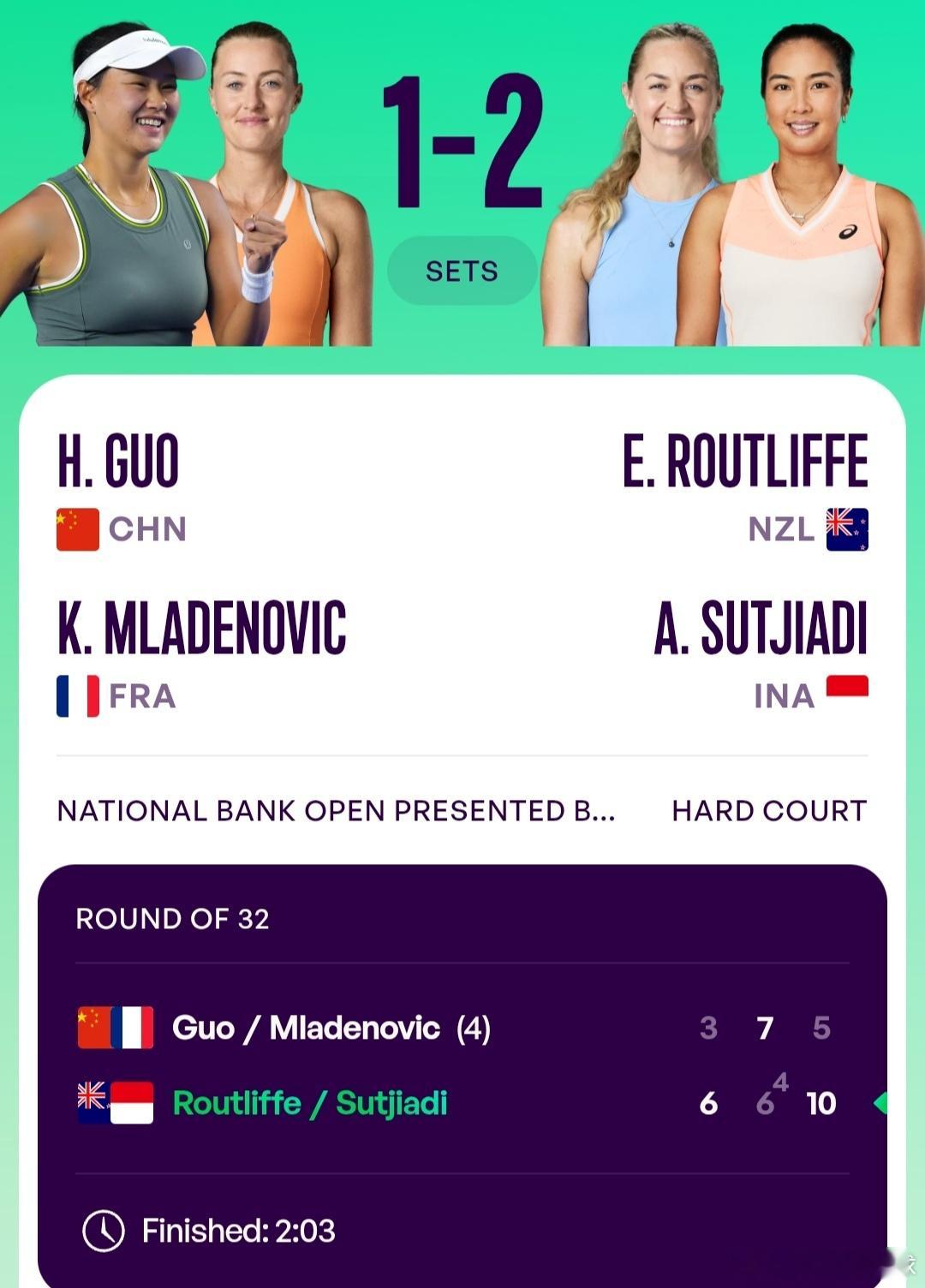 WTA1000多伦多站🇨🇦女双第1轮4号种子郭涵煜🇨🇳/梅拉德诺维奇🇫