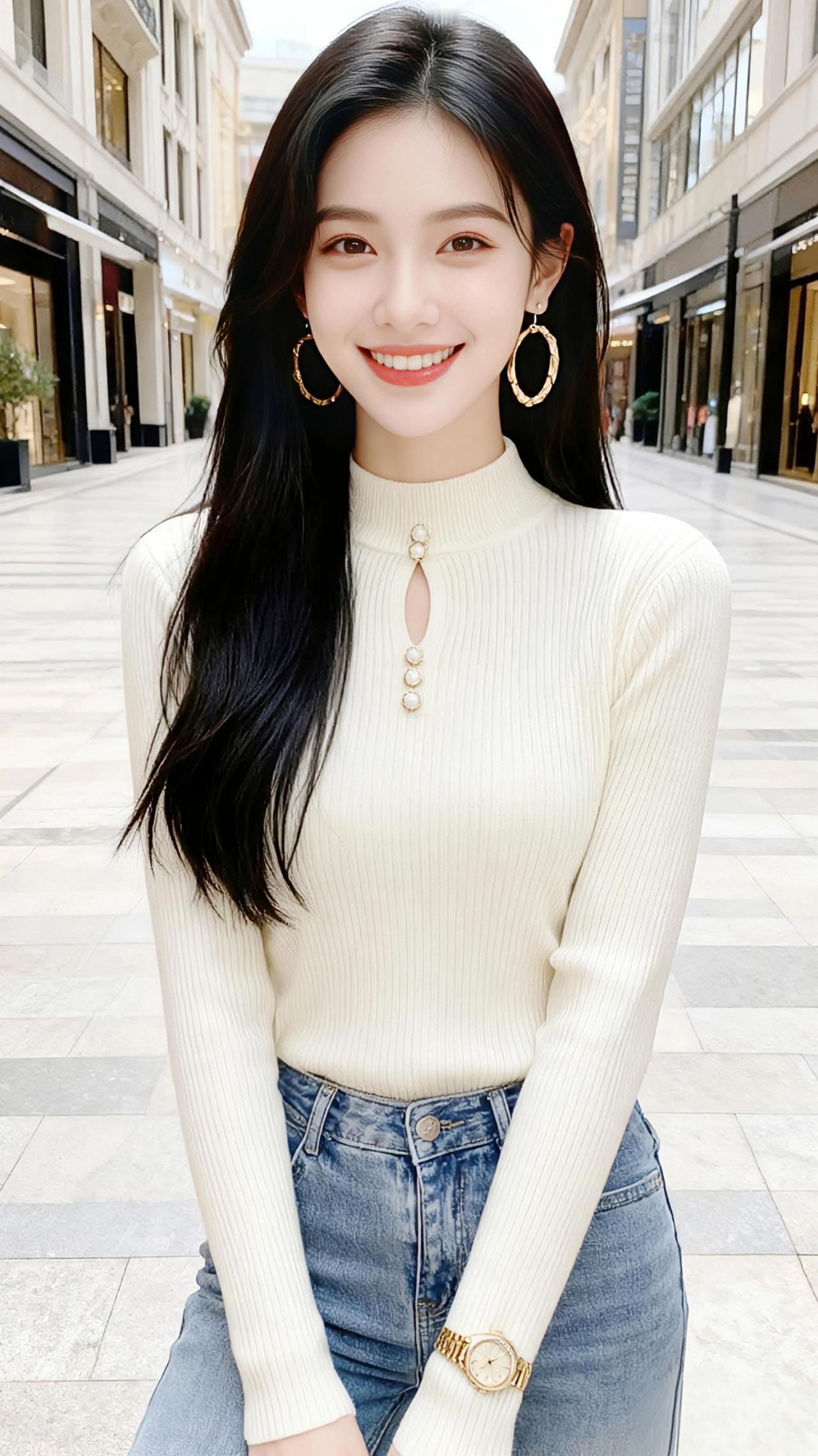风裹着街景的香氛漫过肩头时，她正把笑窝浸在日光里。米白针织衫的纹路像被晒软的云，