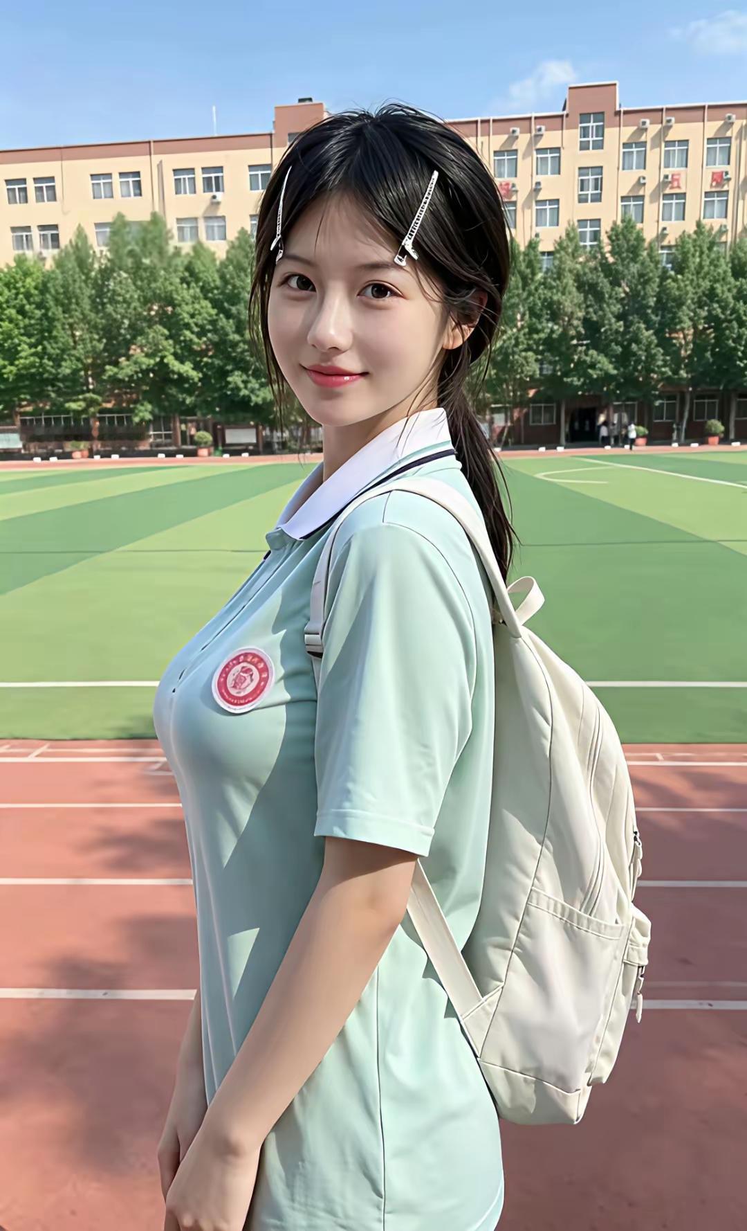 青春校园风，元气少女背着书包，笑靥如花！🌞📚💖
