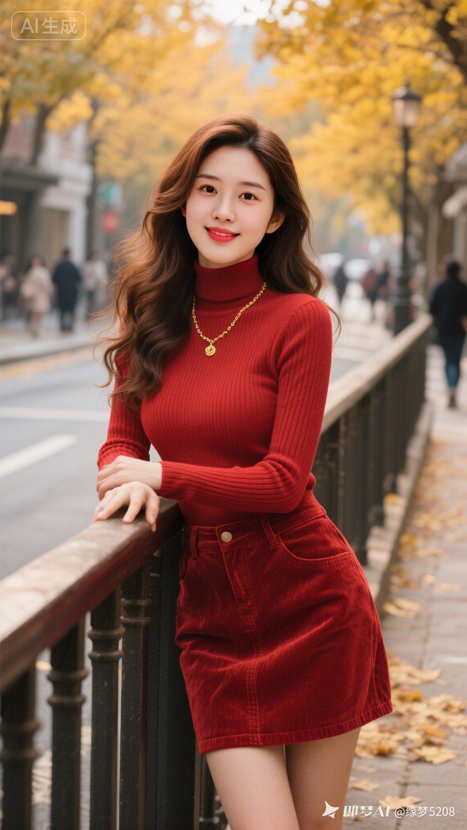 秋日街拍，红裙少女，漫步在落叶铺满的街道上，阳光洒在发梢，温暖而浪漫。