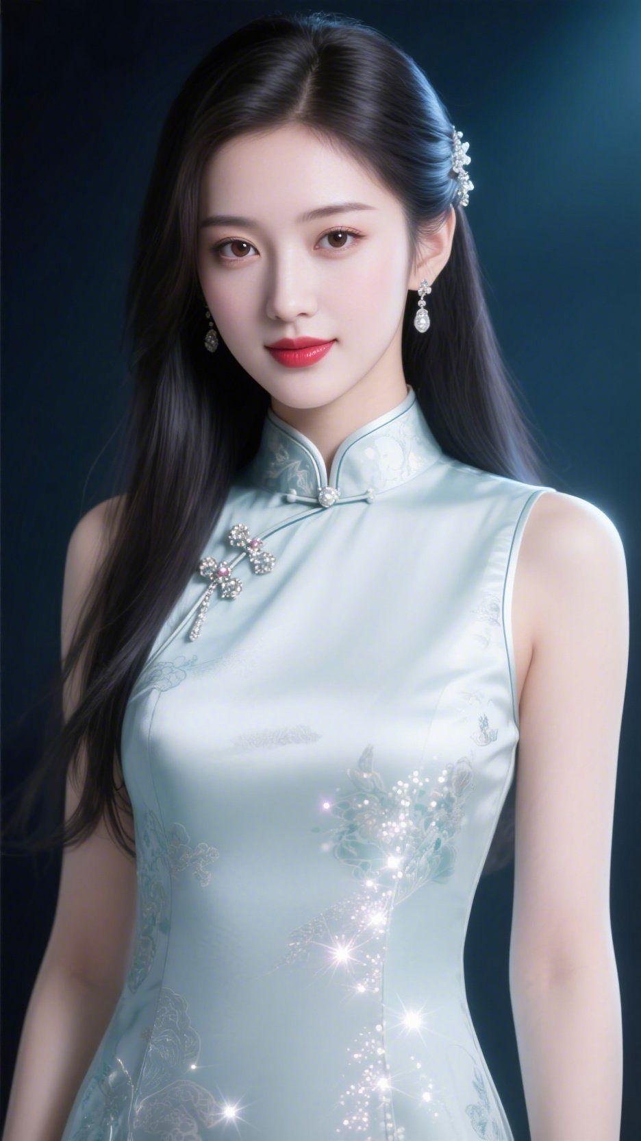 《青瓷旗袍里的东方柔》淡青如晨雾晕开的釉色，裹着一身江南水汽——这袭旗袍似