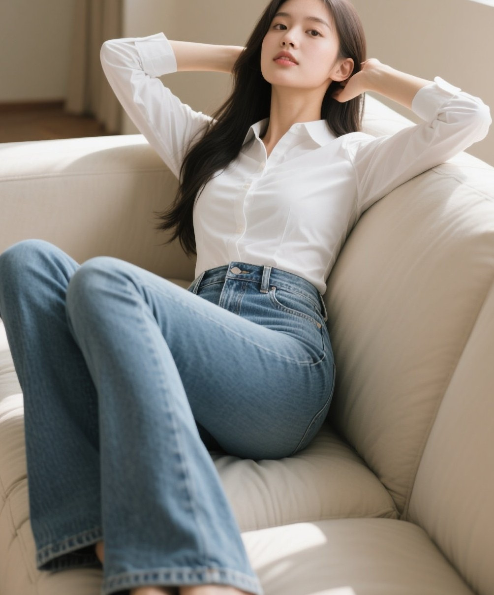 少妇沙发慵懒写真牛仔裤勾勒曼妙身段