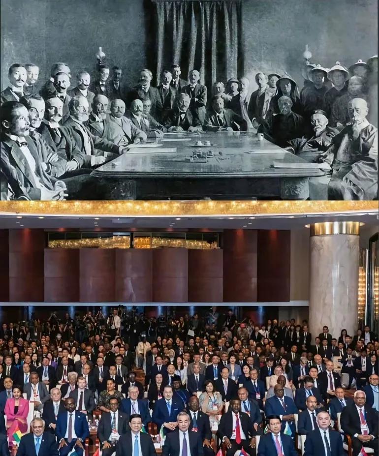 百年前屈辱条约桌前，弱国无奈任宰割，百年后国际调解院内，大国自信谋共赢列强永远