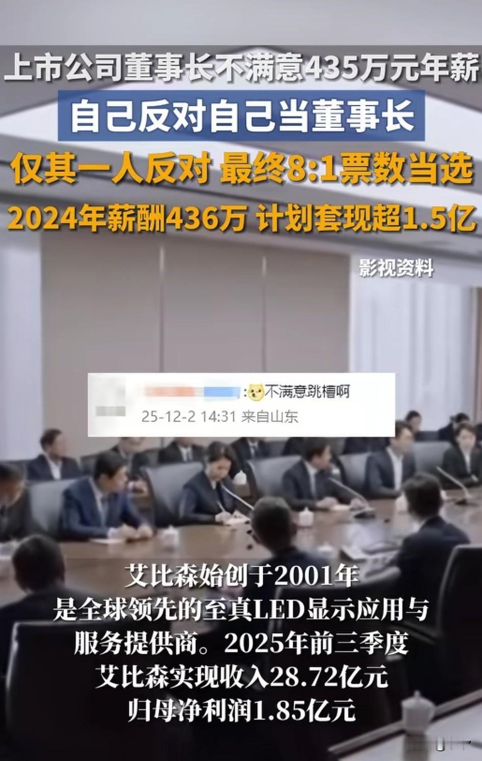 上市公司董事长，因为不满意年薪436万的工资，在新一轮董事长选举中，自己给
