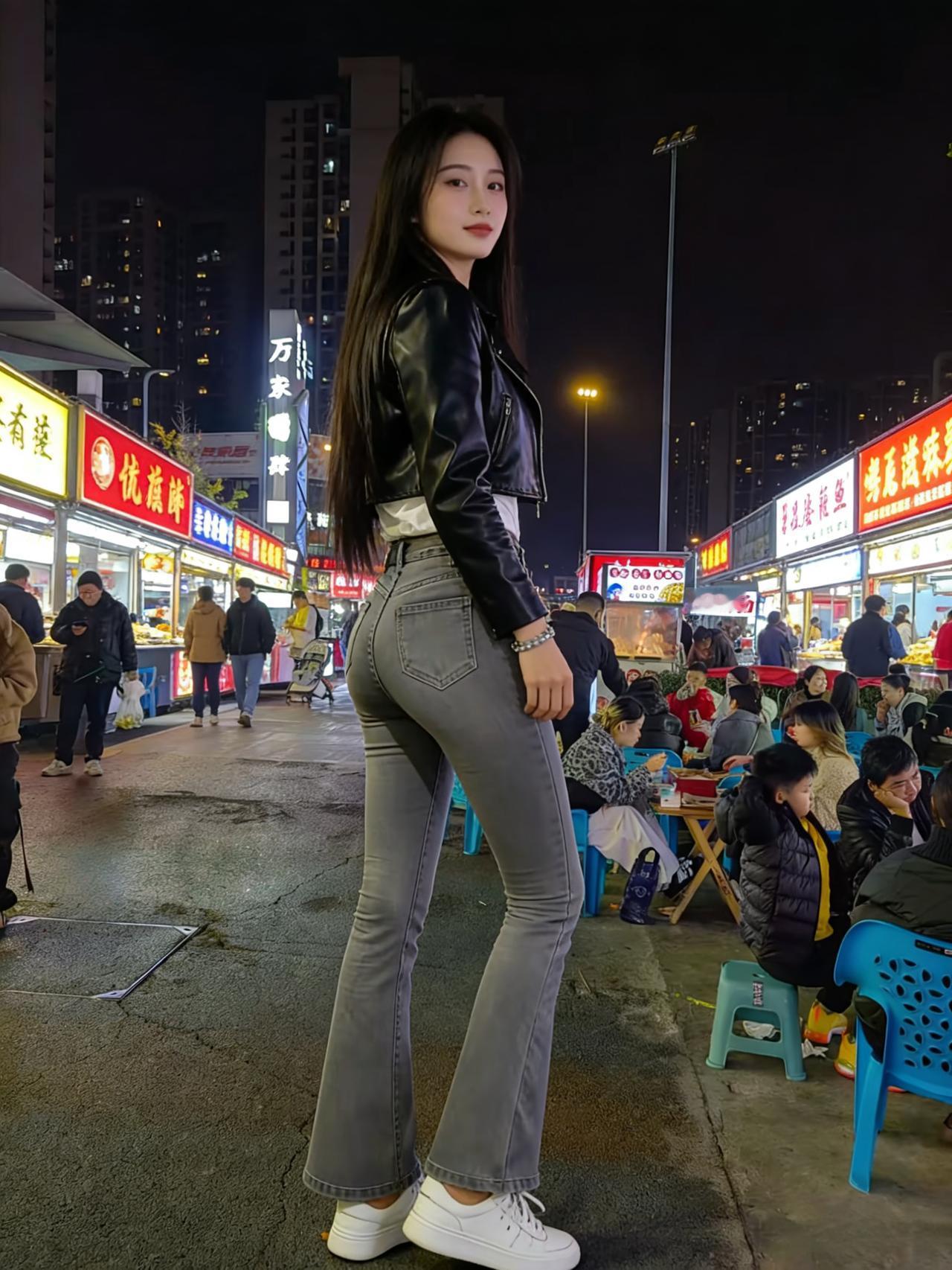 夜市霓虹照客身，长街烟火惹芳尘。黑裘裁就凌风态，灰裤妆成袅娜身。发漫鬓边凝暮