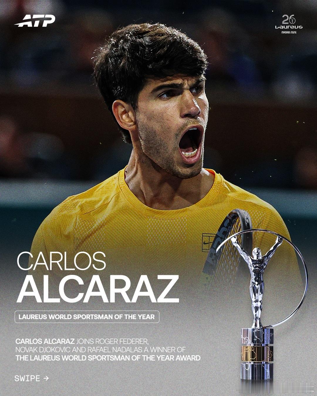 阿尔卡拉斯🇪🇸跻身伟大行列：比肩三巨头！阿尔卡拉斯捧起备受瞩目的劳伦斯年度世